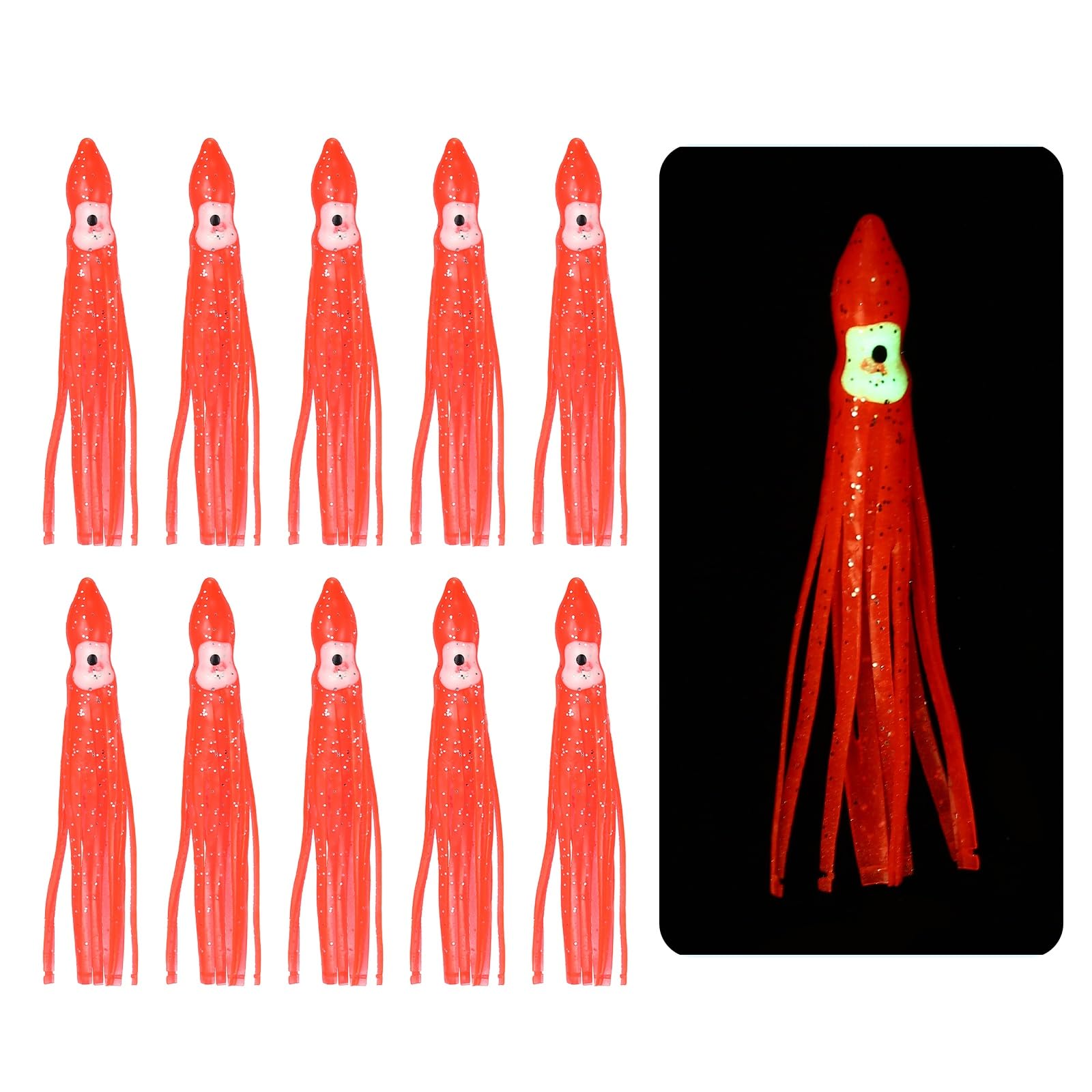 YELARXI Fishing Squid Skirts Lures Glow Soft, 2.8 x 0.4 Inch & 10 Pcs & Red