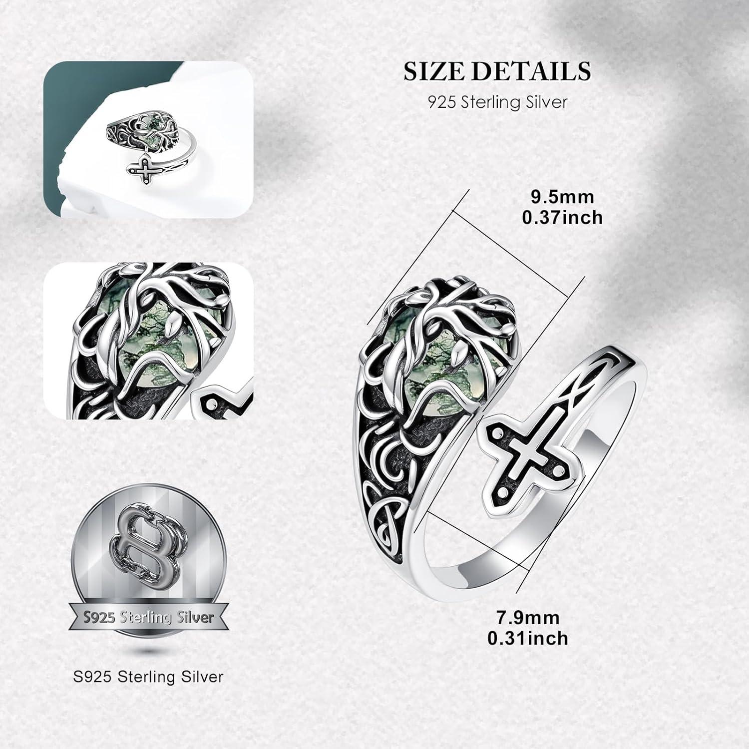 Sunflower Tree of Life Spoon Rings 925 Sterling Silver Vintage Dragonfly Bee Cross Ring Adjustable Thumb Rings Moonstone/Turquoise Jewelry Gifts for Men Women