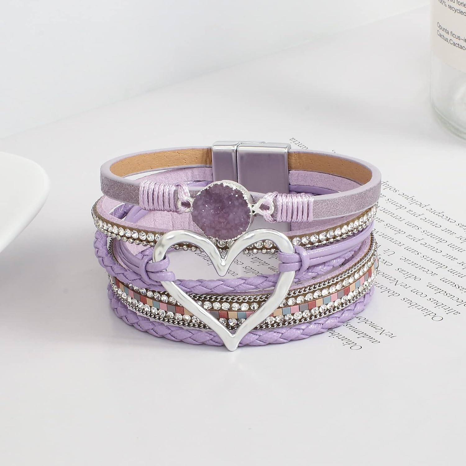 Leather Wrap Bracelet for Women Beaded Cuff Bracelet with Heart-shape Decor Bohemian Crystal Bracelet Jewelry with Clasp Bangle Bracelet for Women Girls Birthday Holiday Gift - Image 7