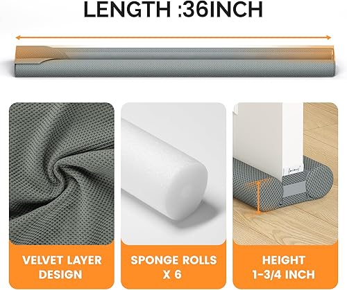 Miniatura 4 de fowong Tope de puerta ajustable de 36 pulgadas para parte inferior de puertas, 30 a 36 pulgadas, insonorización, bloqueador de ruido, espacio de