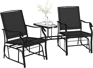 Outsunny Double Patio Glider Chair with Glass Top Center Table, Outdoor Glider Loveseat with High Back, All Weather Breathable Mesh Fabric for Garden, Backyard, Deck, Black