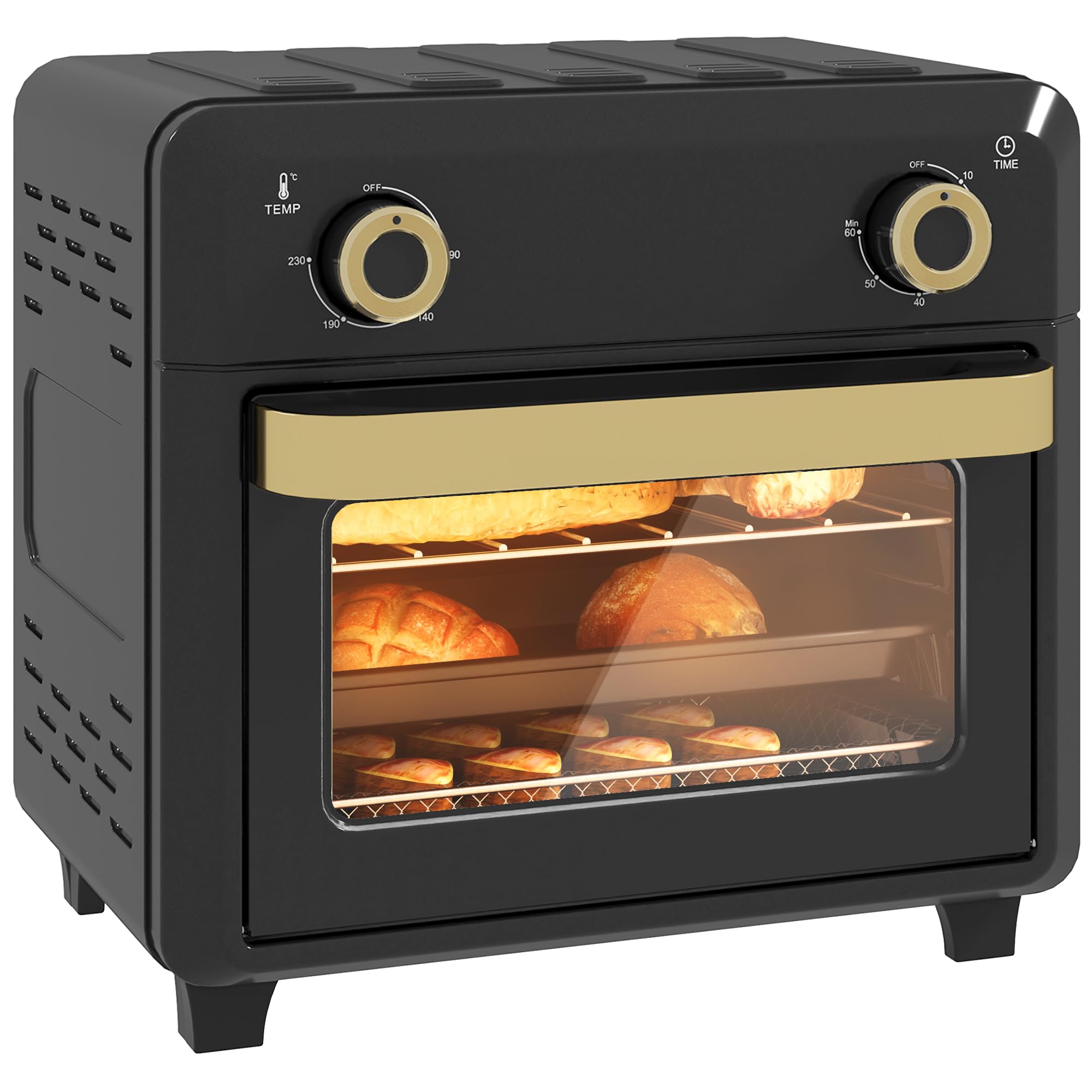 HOMCOM Mini horno con convección, freidora de aire caliente de 10L, Horno pequeño con temporizador de 60 minutos e iluminación interior, 80-230℃, 3 estantes, Accesorios aptos para lavavajillas,
