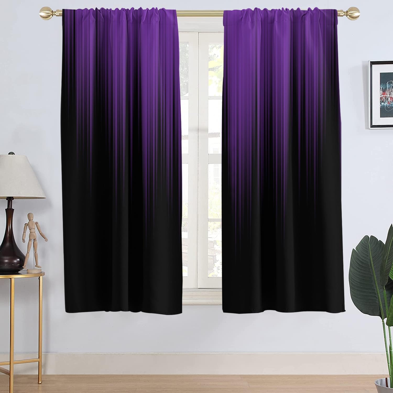 AAtter Purple and Black Window Curtain Abstract Striped Dark Plum Adult Women Decorative Cool Gothic Gradient Artistic Wide Living Room Bedroom Drapes