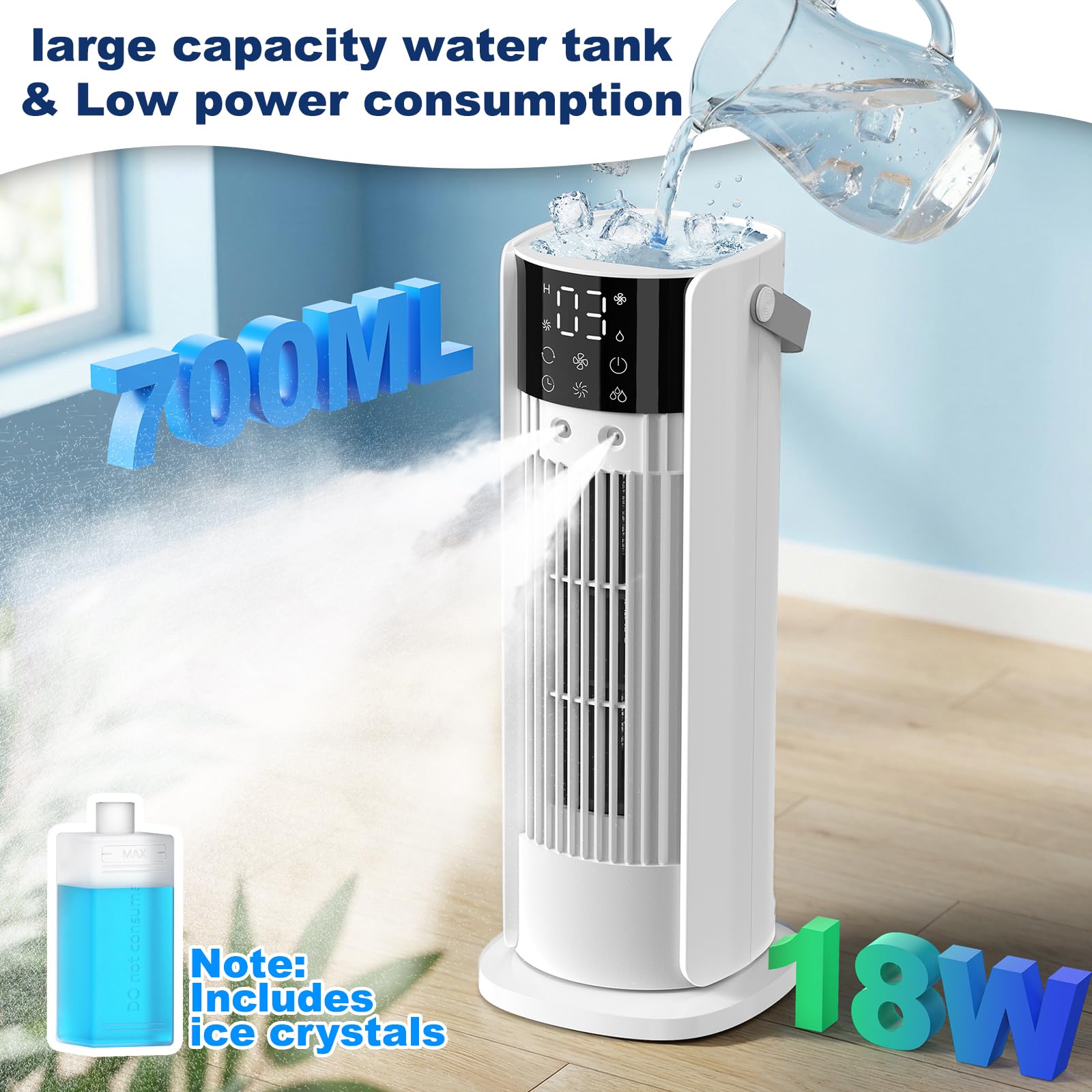 Aire Acondicionado Portátil Sin Tubo Exterior, 4 en 1 Ventilador Refrigeración, 3 Niveles de Velocidad, Función de Nebulización, Oscilación de 90°, Pantalla LED, con Mando a Distancia (Blanco)