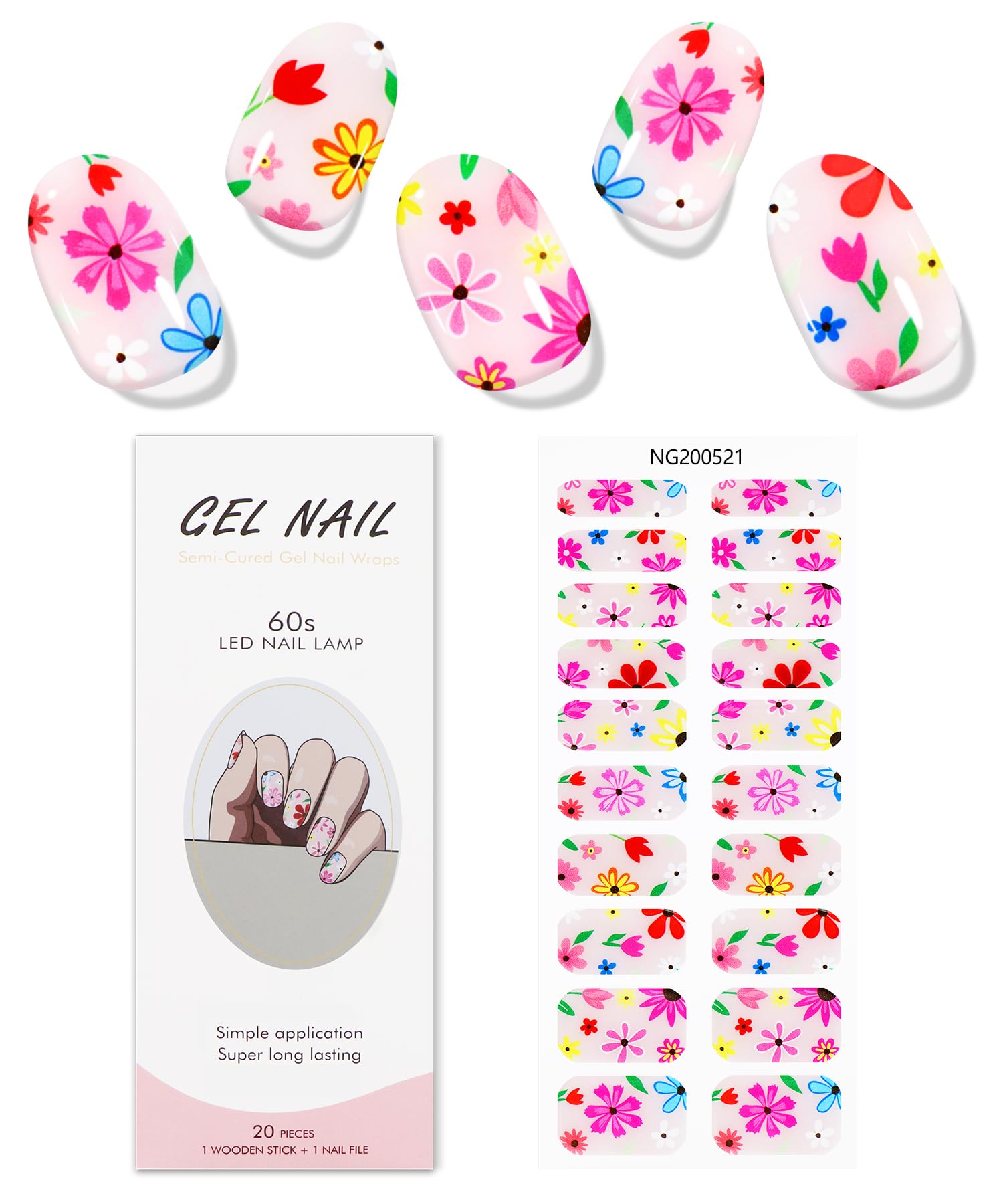 JMEOWIO Gel Nail Stickers Colorful Flower Semi Cured Gel Nail Strips Wraps UV/LED Nails Art Design Decoration Accessories - Image 2