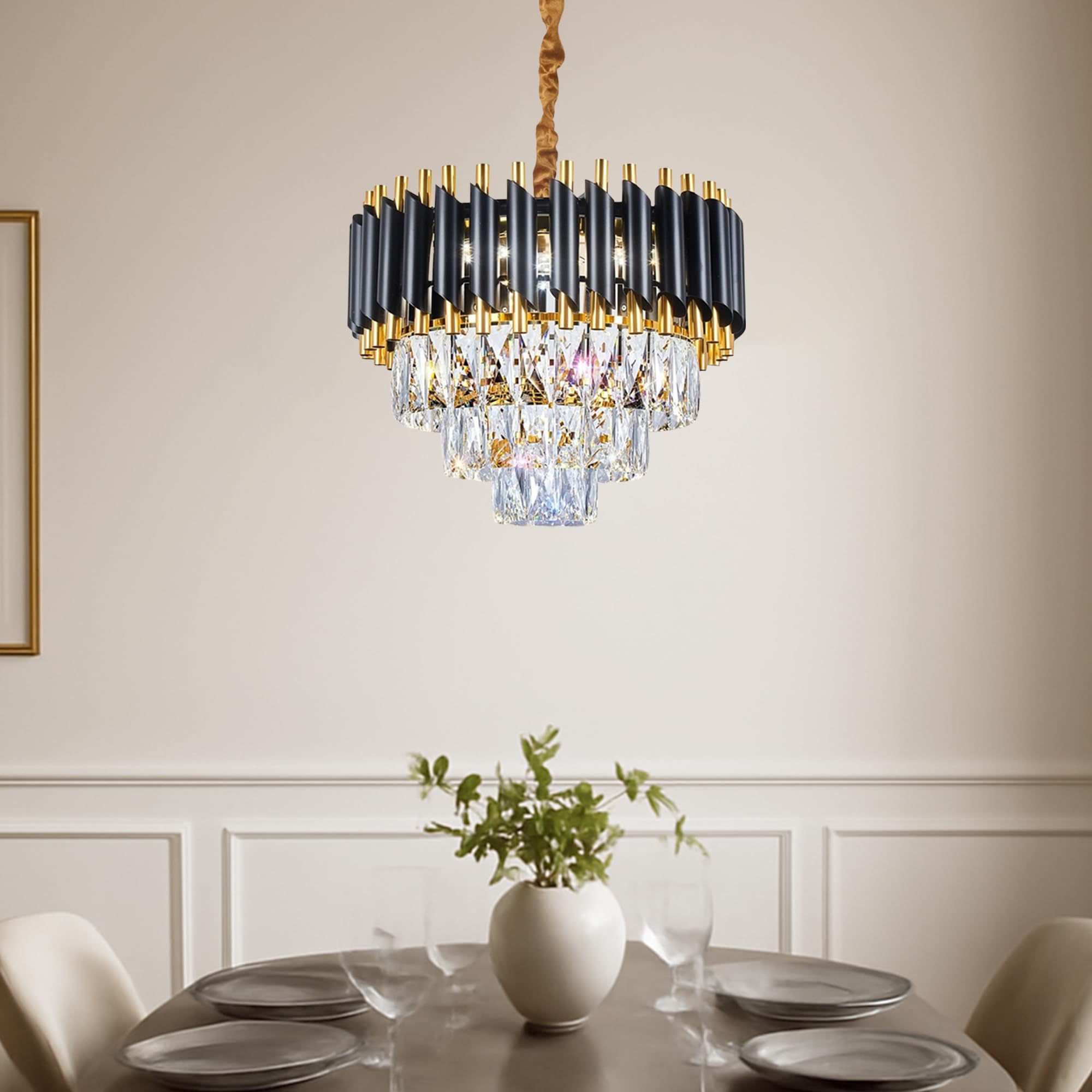 DC VOLTAGE Fancy Ceiling Light, Large Modern Crystal Glass Chandelier Lamp, Black Tube Decorated Gold Stainless Steel Round Body Hanging Fixture, Living Room, Hotel 30cm