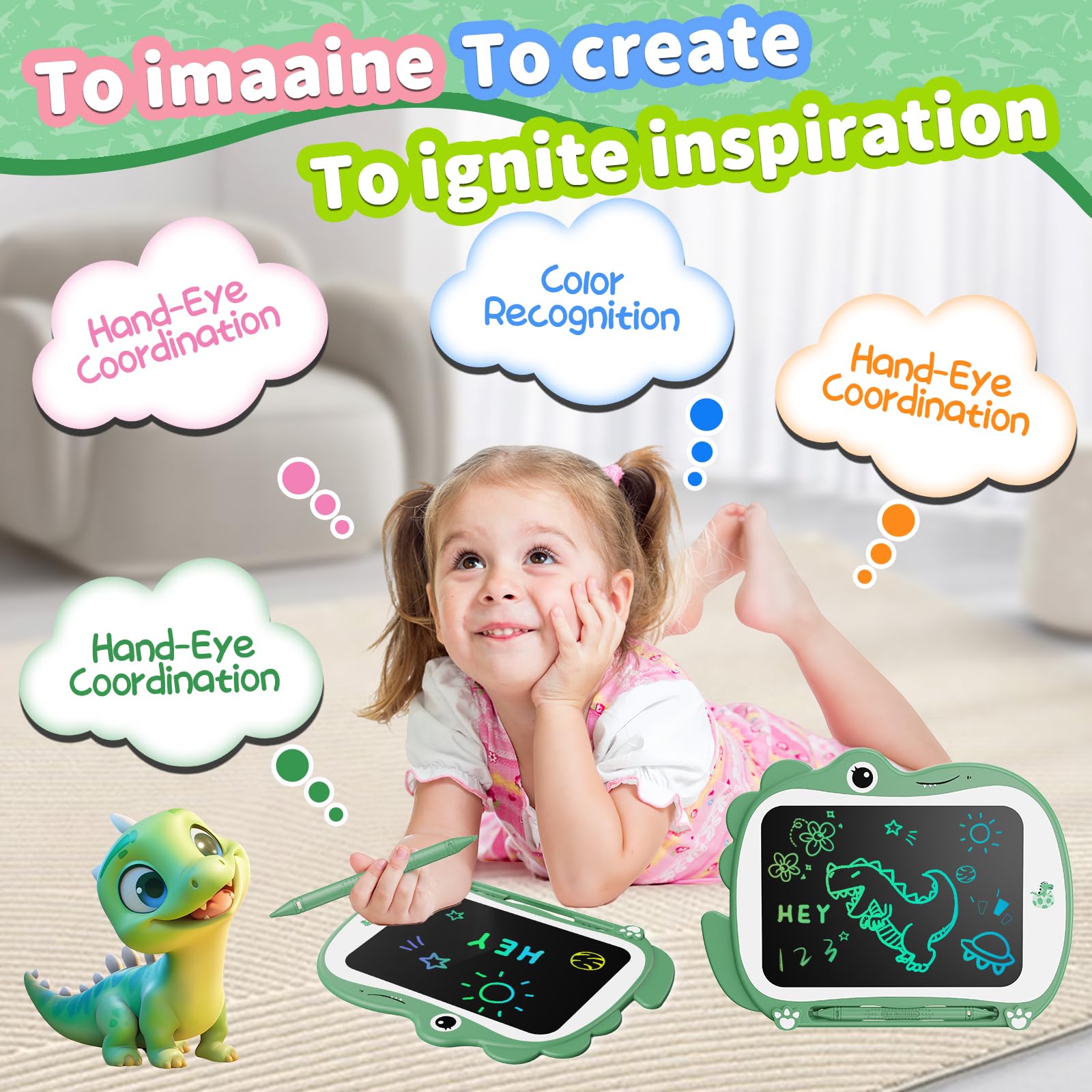 Genialba Dinosauro Tavoletta da disegno LCD da 8.5 pollici Lavagna Giocattolo per bambini Giocattoli educativi Regali di compleanno di Natale Giocattoli per ragazzi e ragazze di 3 4 5 6 anni (Verde)