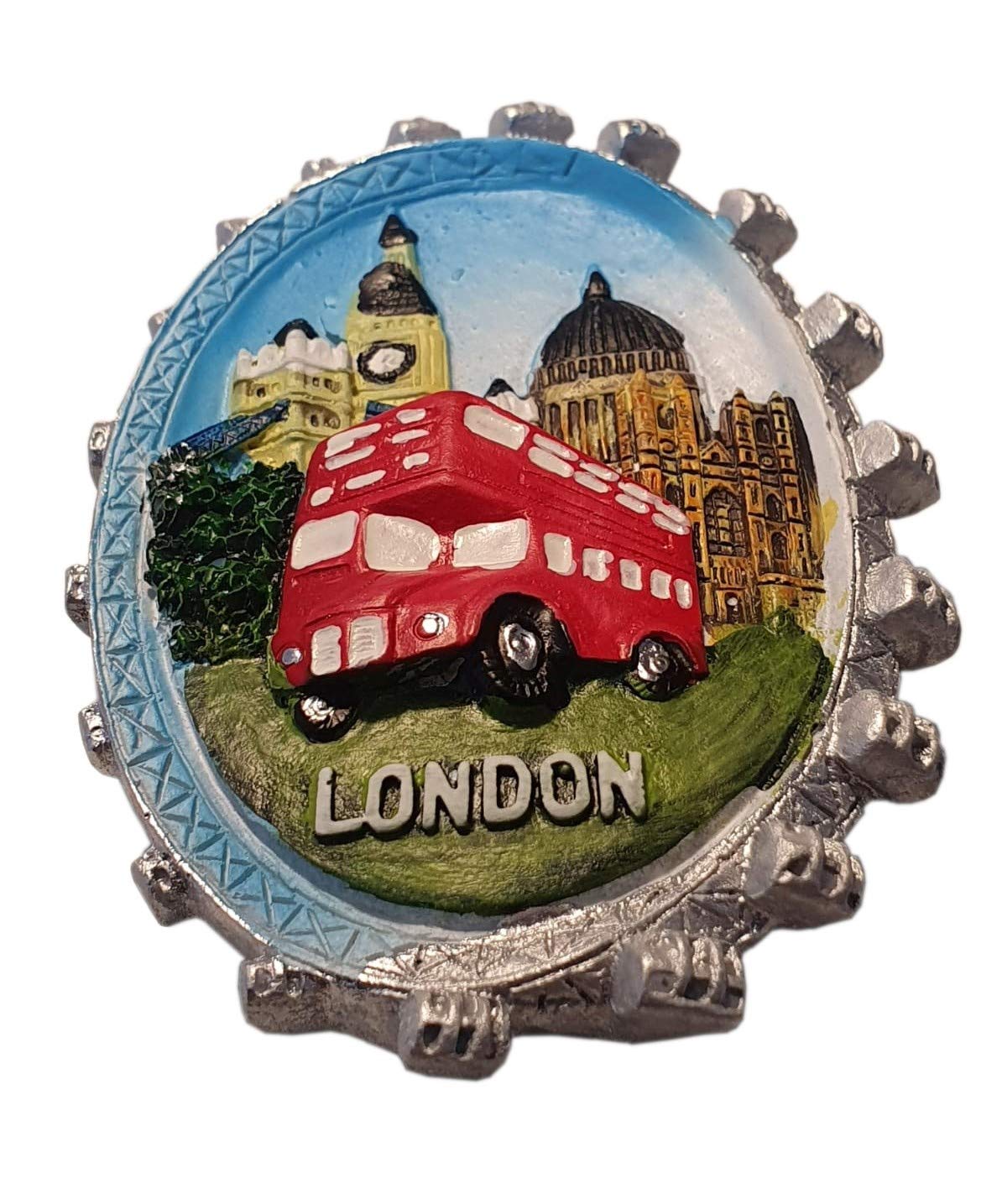 Thomas Benacci Blue Red Brown Grey London Icons In The London Eye Fridge Magnet - Big Ben - Tower Bridge - St. Paul's Cathedral - Red Double-Decker Routemaster Bus - British Souvenir From England Uk