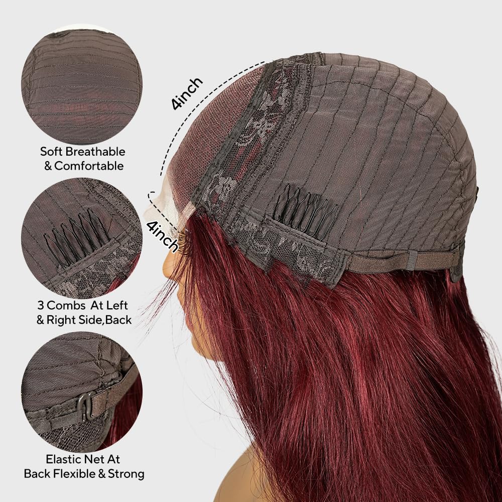 SUPERNOVA 99J Burgundy Lace Front Wigs Human Hair 4x4 HD Straight Wigs with Baby Hair 180% Density Red Wine Colored Wigs for Women 24 Inch