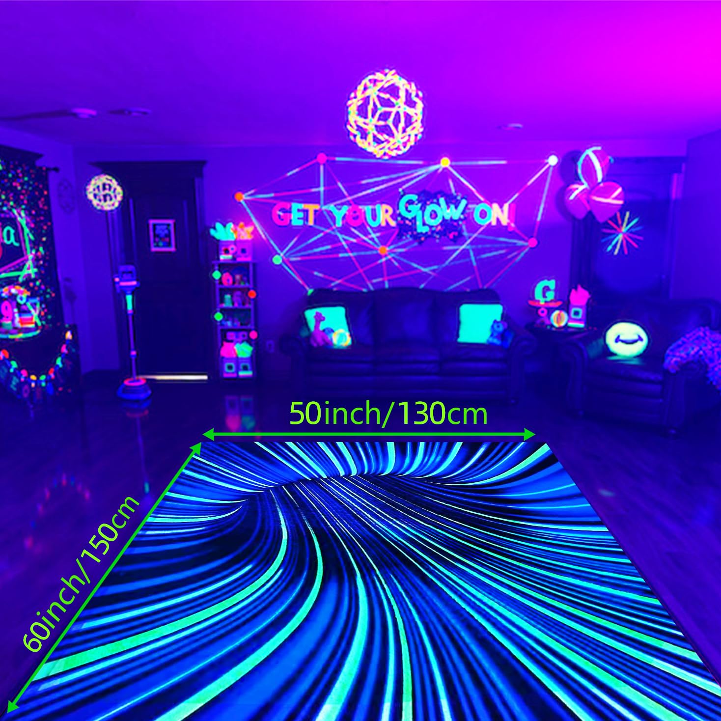 Alfombra de área de ilusión óptica, luz negra, gran alfombra antideslizante con vórtice 3D reactiva a los rayos UV, adecuada para sala de estar, dormitorio, alfombra decorativa de 60 x 50 x 0.39