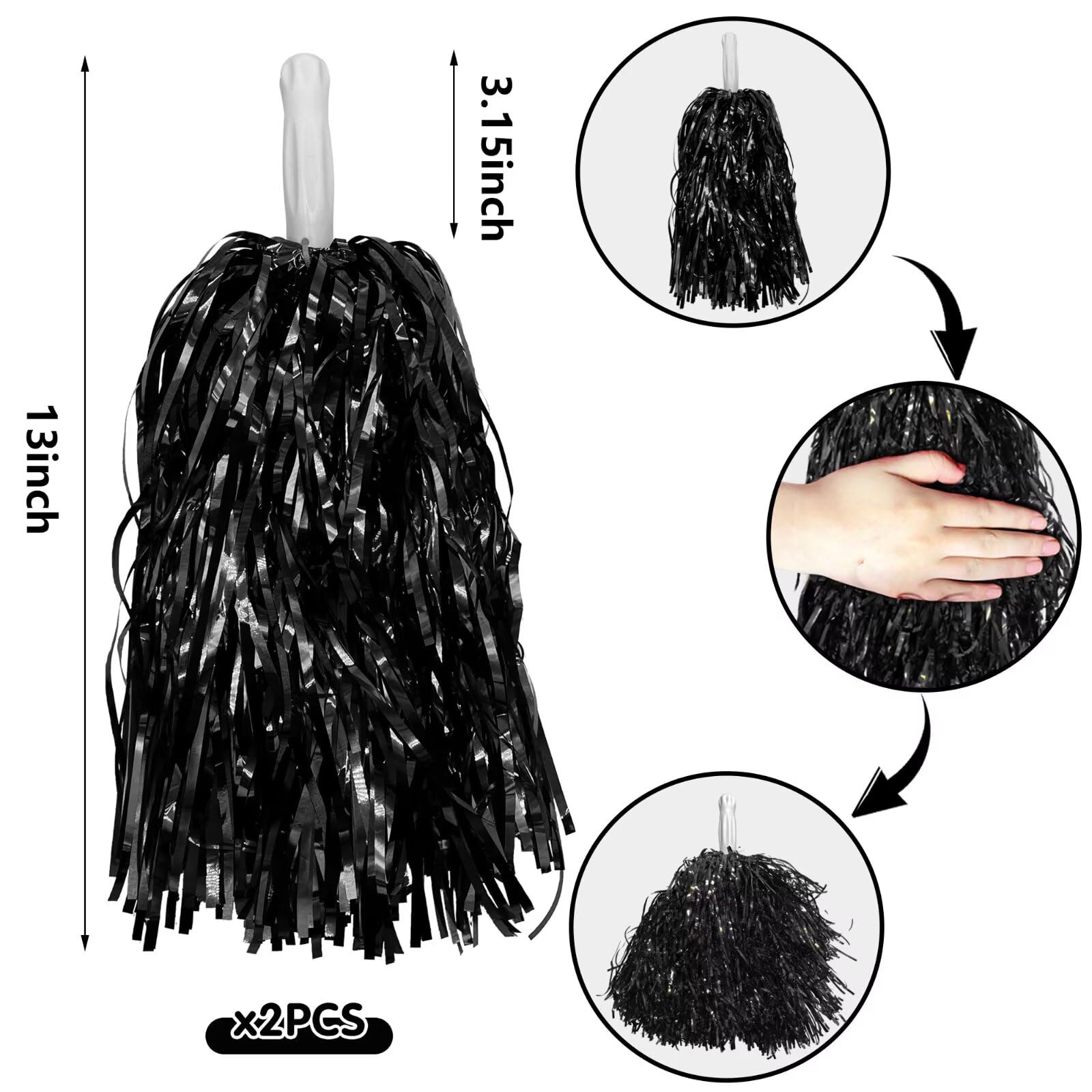 2 pompones negros de animadora de papel metálico para escuadrones deportivos, bailes, fiestas, fútbol, baloncesto, celebración de actuaciones espirituales — view 2
