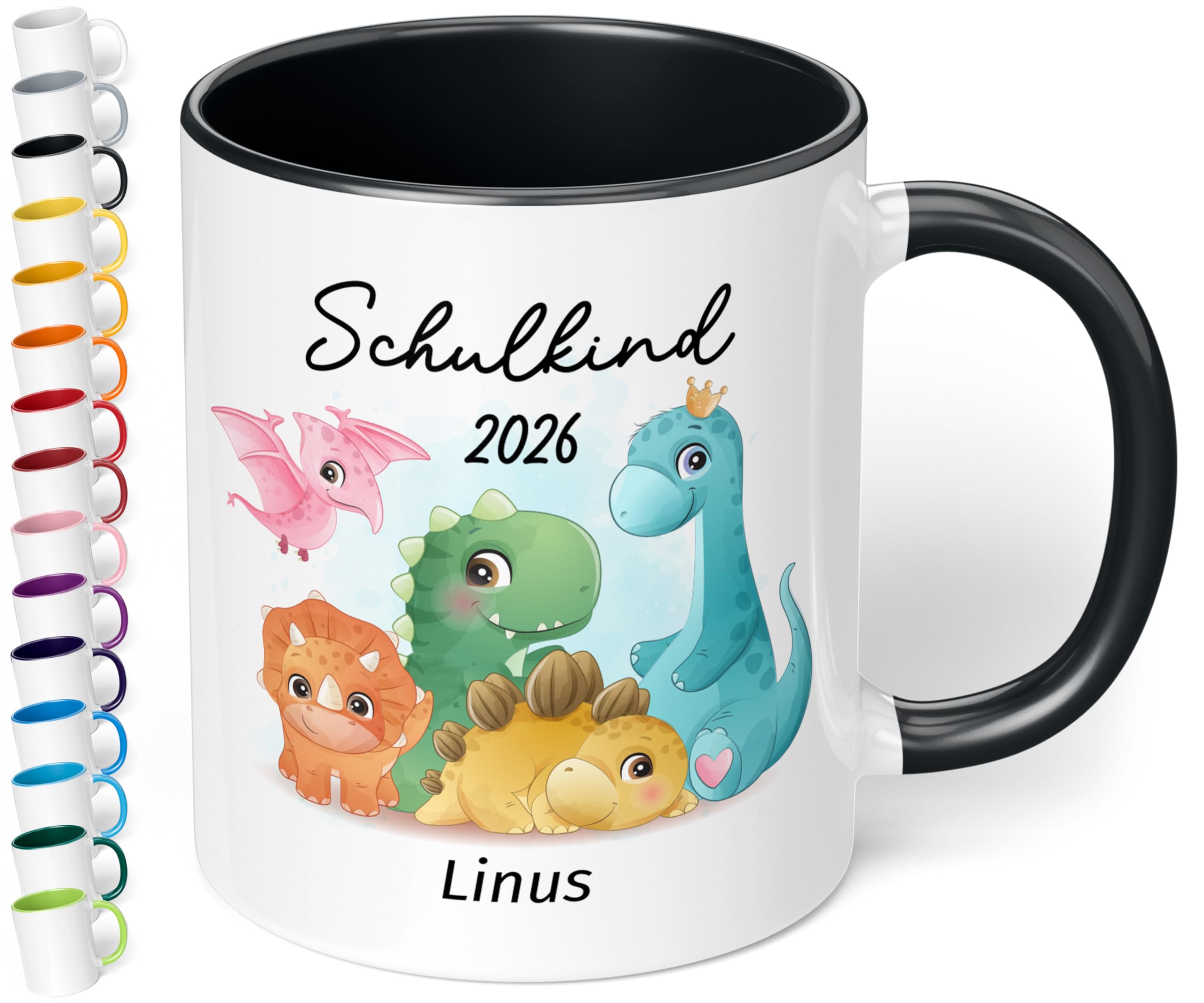 True Statements Geschenk zur Einschulung für Jungen: Keramik-Tasse „Schulkind 2026“ - Dinosaurier-Watercolor-Motiv - 330ml - personalisiert mit Namen Erstklässler Schüler 1. Klasse, Schwarz