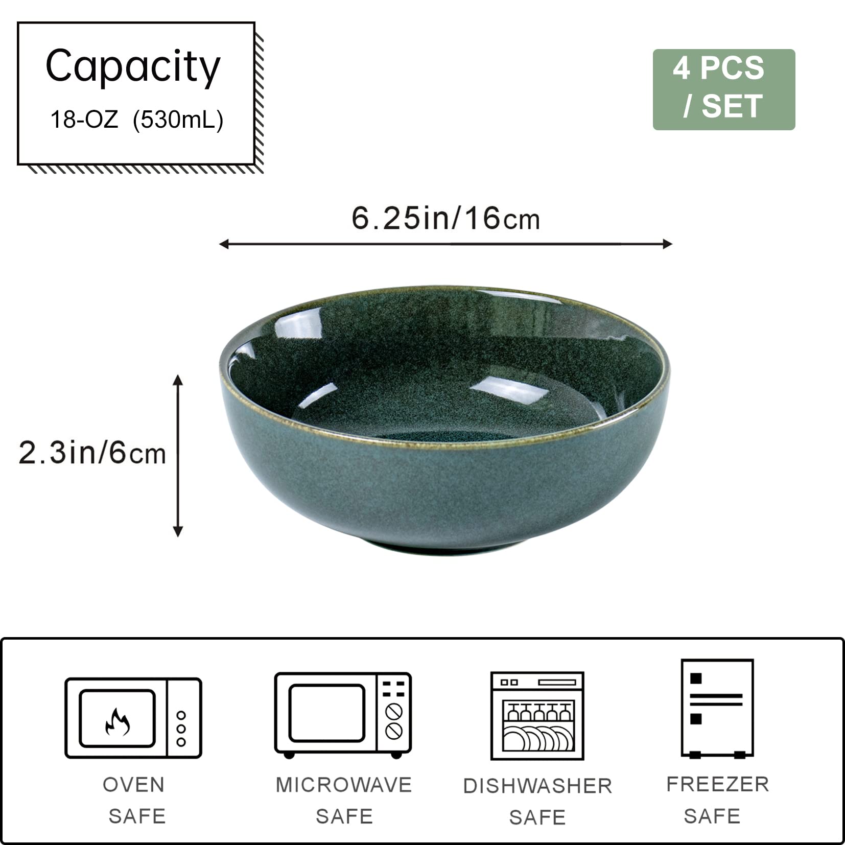 UNICASA Ciotole Insalatiere, Set Scodelle Ceramica 4 Unità, Ciotole da Colazione per CerealiInsalata/Zuppe, Diametro 16 cm Colore Verde, Servizi Combinati Adatto per Lavastoviglie