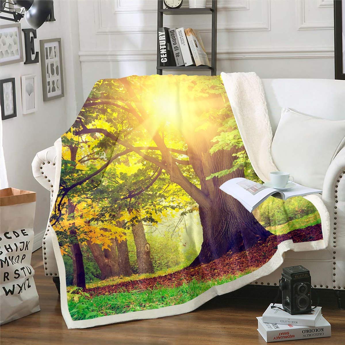 Loussiesd Tree Print Fleece Sherpa Blanket - Forest Trees Plush Throw for Chair, Sofa, Couch - Natural Scenery Woodland Scene Bedroom Decor - Fuzzy Double 60"x79"