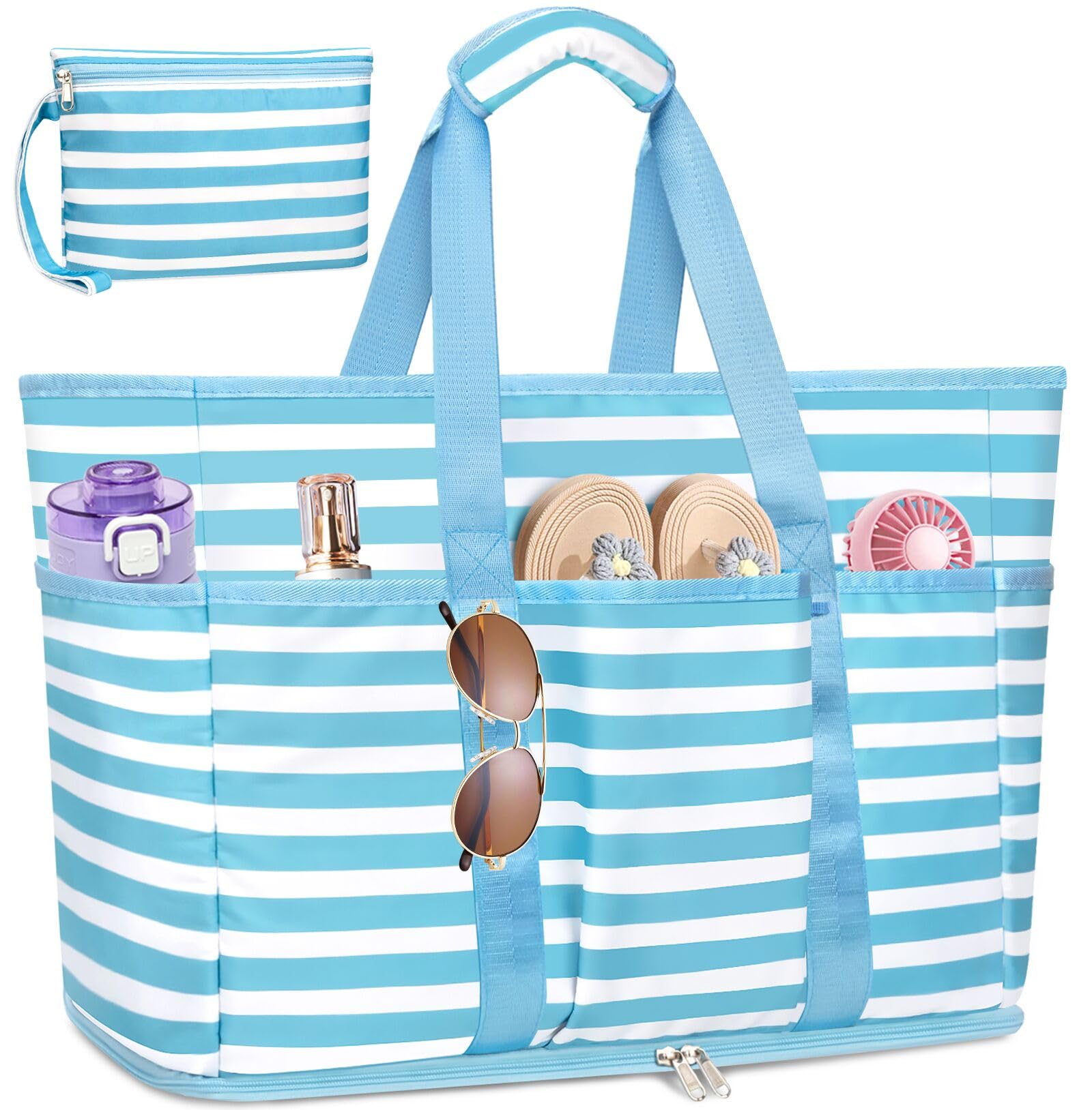 TEUEN Grande Bolsa de Playa XXL, Plegable Bolsa Playa Familiar con Cremallera Bolsa de Viaje Shopper Bolso de Hombro Mujer Tote Bag de mano para Playa Vacaciones,Compras,Trabajo,Viaje