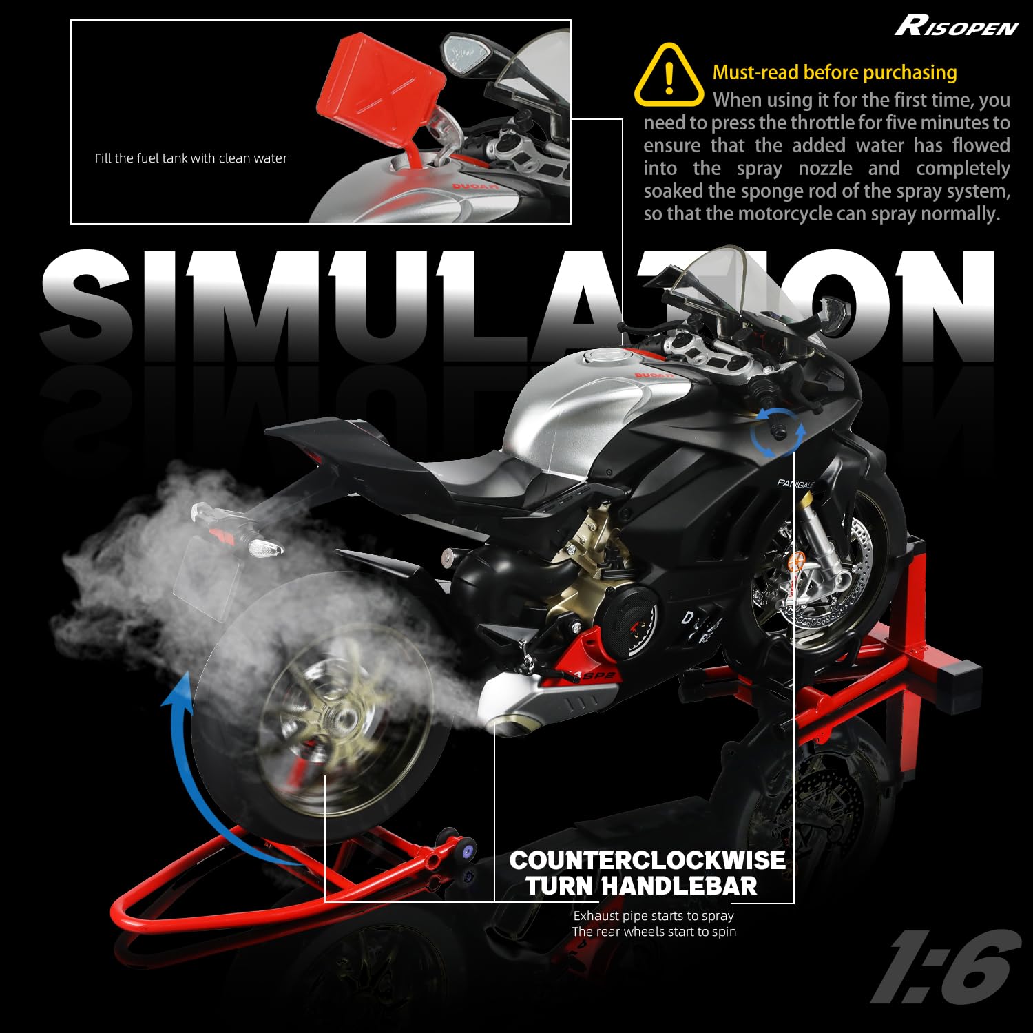 1:6 Motorrad-Modell passend für die Ducati Panigale V4 SP2 | Wasserspray Auspuff Startgeräusch Licht per Schlüsseldreh befüllbarer Wassertank für 12-Zoll-Puppen ideal für Sammler