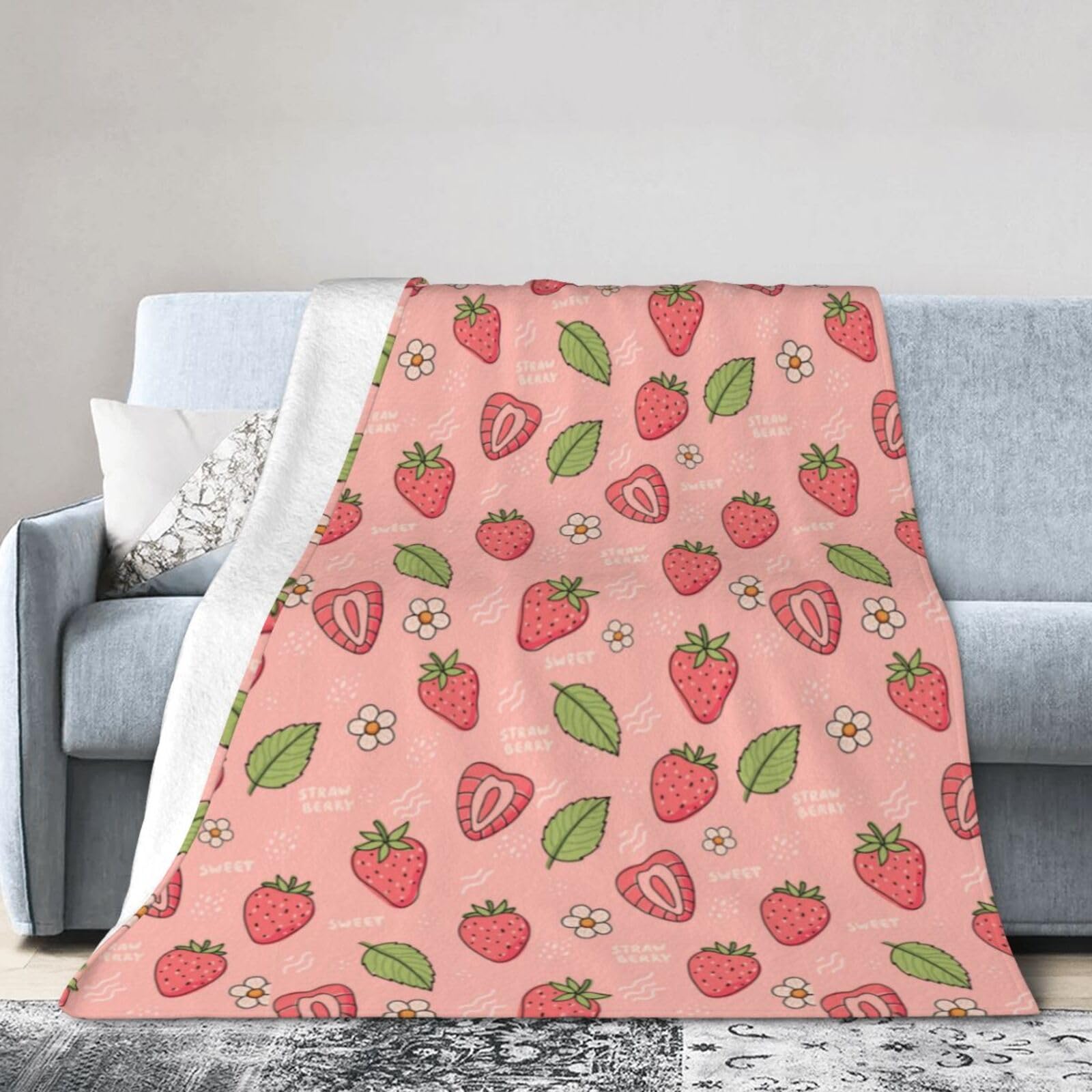 Noble Ren Pink Adorable Strawberries Ultra-Soft Micro Fleece Blanket Winter Warm Soft Lannel Fleece Throw Blanket For Couch Sofa Bed 80"X60"