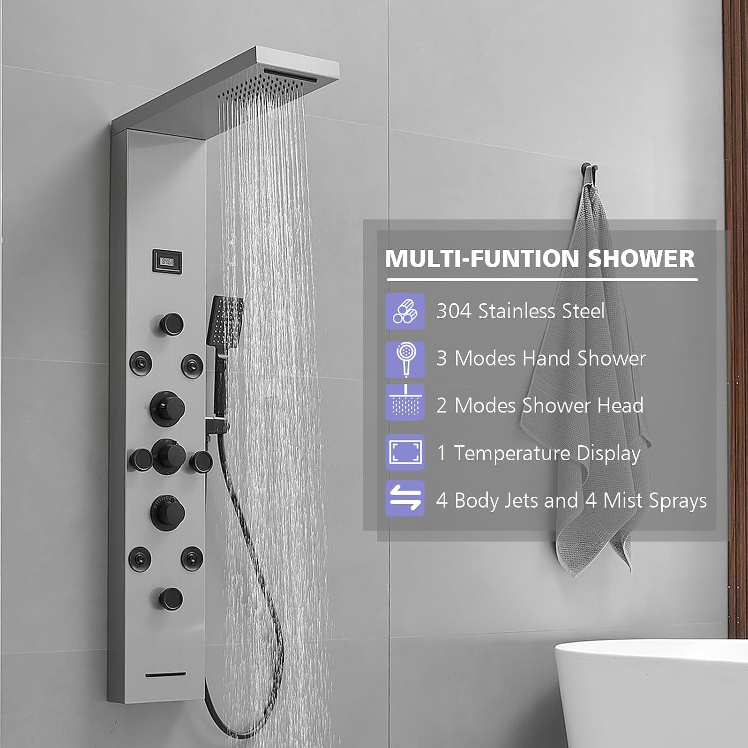 BWE Shower Panel Tower System with Body Jets Rainfall Waterfall Shower Head 6 IN 1 Stainless Steel Brushed Nickel Shower Panel with Tub Spout Temperature Display Wall Mount