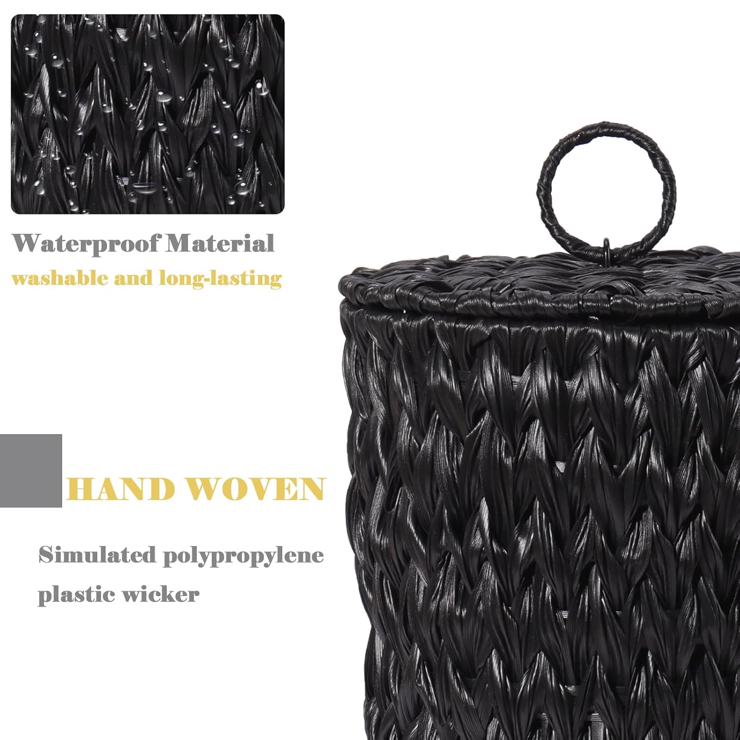 Woven Trash Can with Lid and Liner, 2.6 Gallon Bathroom Garbage Can, Decorative Handwoven Plastic Wicker Waste Basket for Bathroom, Bedroom, Living Room, Office, Home, Black