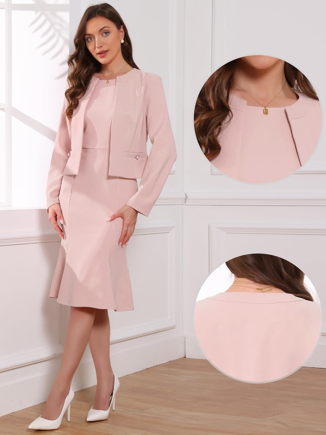 Allegra K 2 Piece Suit Dress Set for Women's Business Sleeveless Dress and Crop Blazer