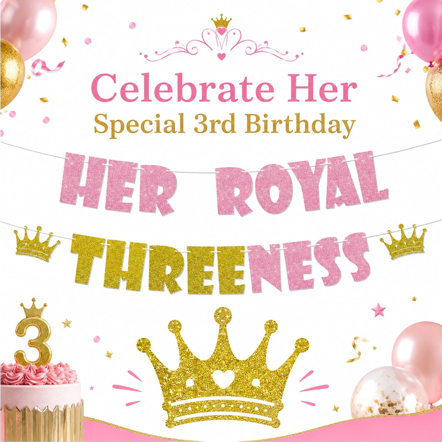 Her Royal Threeness Glitter Banner, Pre-Strung, Pink and Gold, Princess Crown, 3rd Birthday Party Decoration