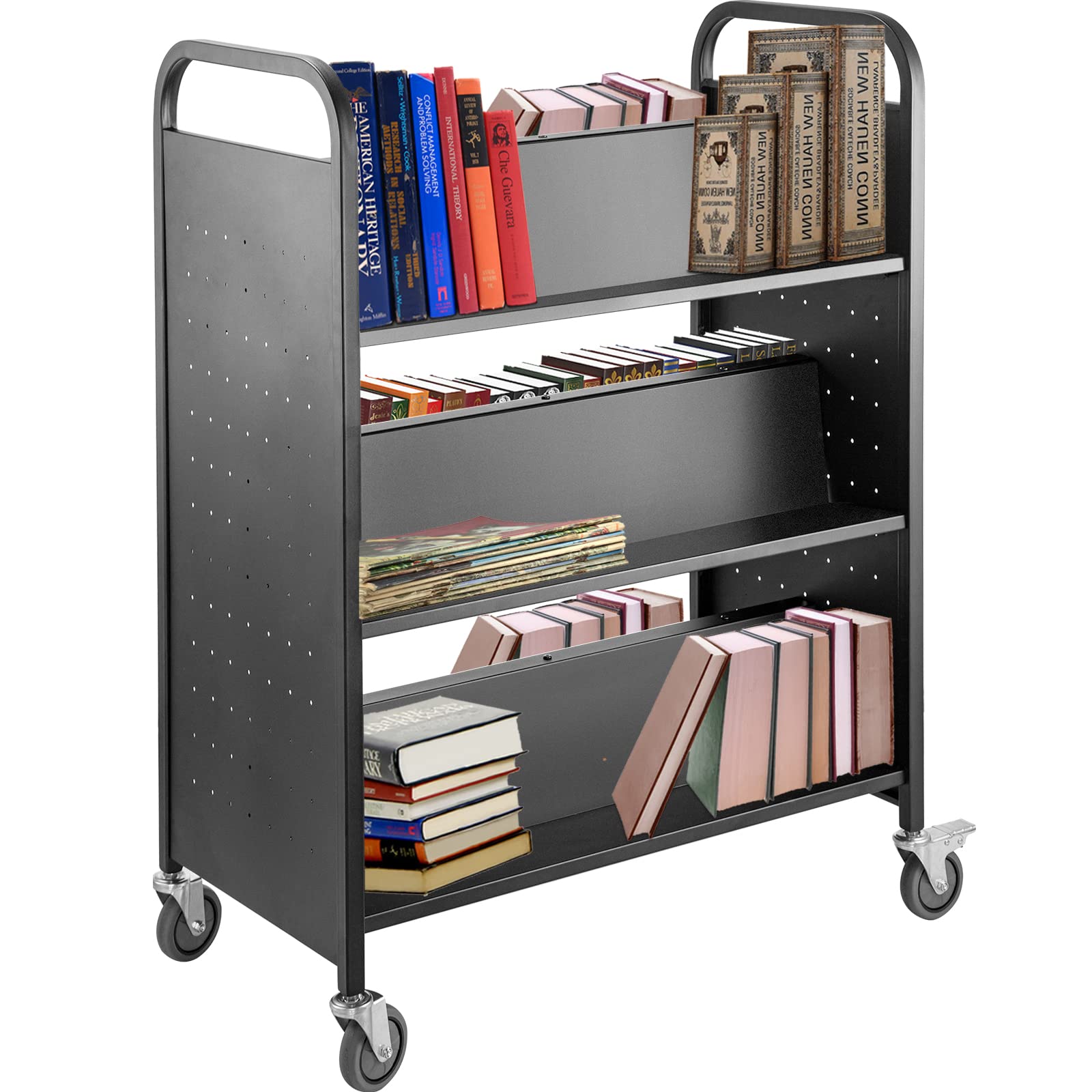 VEVOR Bücherwagen, 90 kg Bibliothekswagen, 125 x 90 x 48 cm Rollender Bücherwagen, doppelseitige, W-förmige, geneigte Regale mit feststellbaren Rädern für Heimregale, Büro, Schule