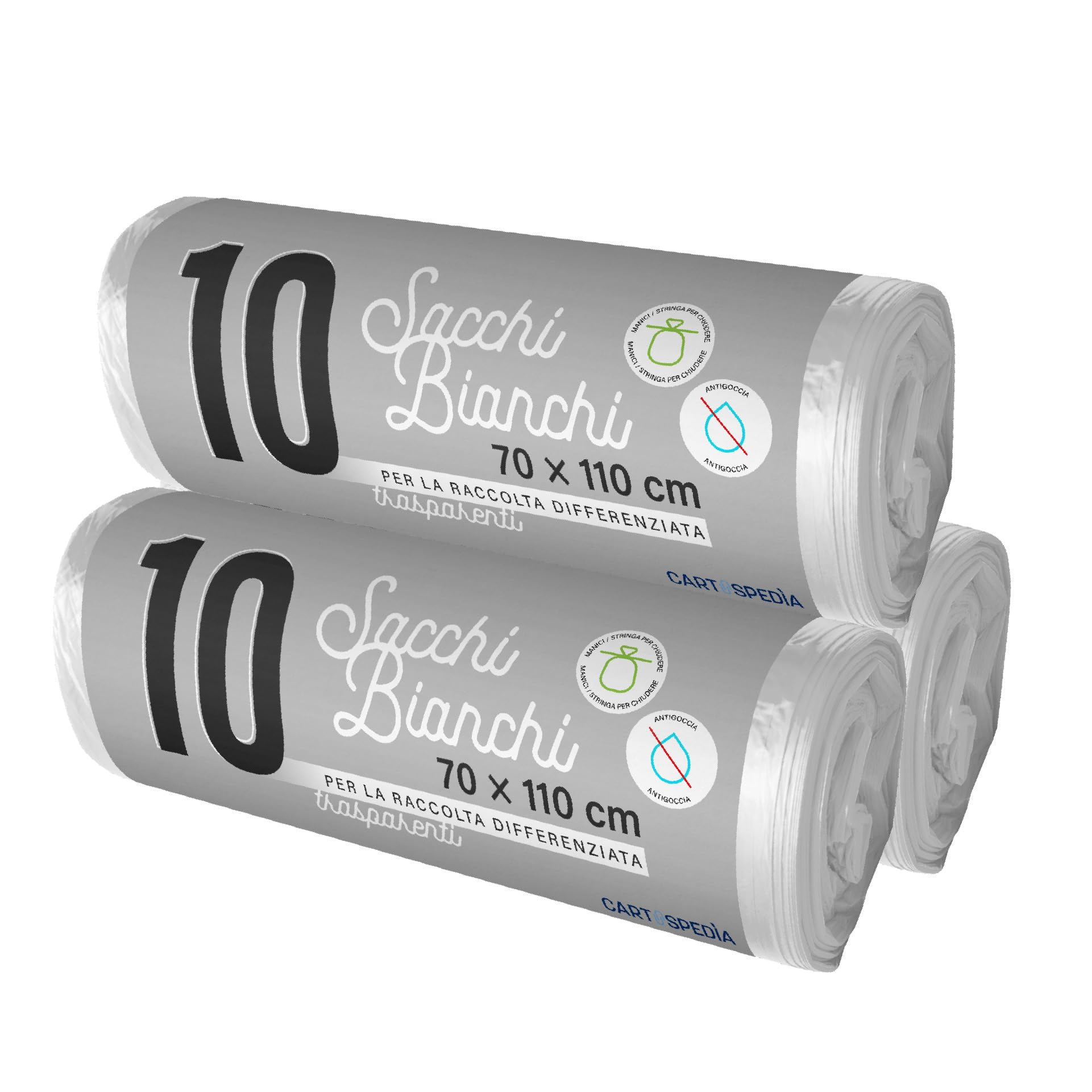 30 Sacchetti Spazzatura - BIODEGRADABILI- MISURA: 70x110 cm - con Manici | Sacchetti Immondizia da 110L, Trasparenti per Raccolta Differenziata | Buste Anti Umidità, Plastica Riciclata, Trasparenti