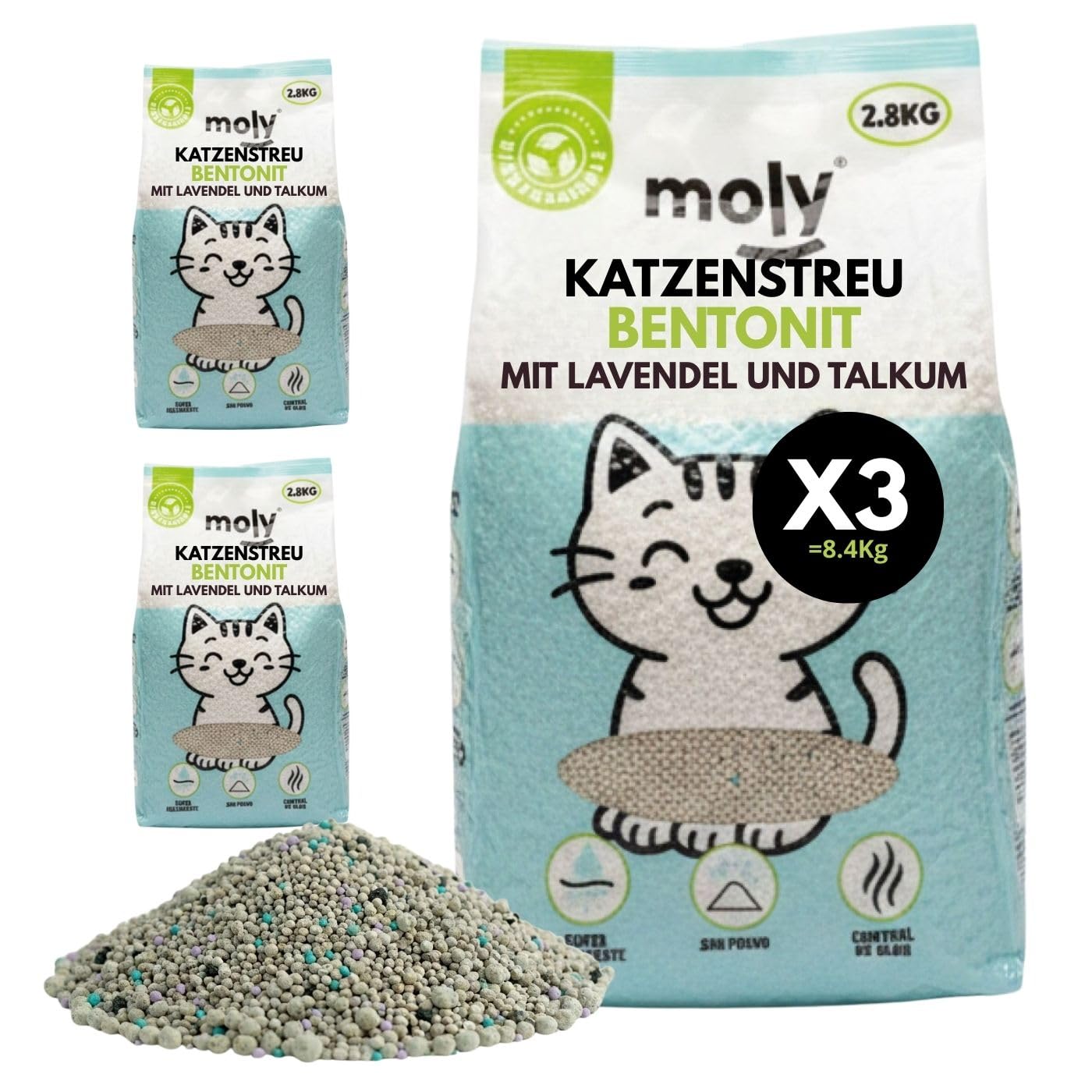 MOLY X3 Bentonit-Katzenstreu mit Aktivkohle, 8,4 kg, 11,1 l, hohe Absorption, Bindemittel mit Lavendel- und Talkum-Duft, vollständige Geruchskontrolle, staubfrei, hygienisches Premiummineralbett