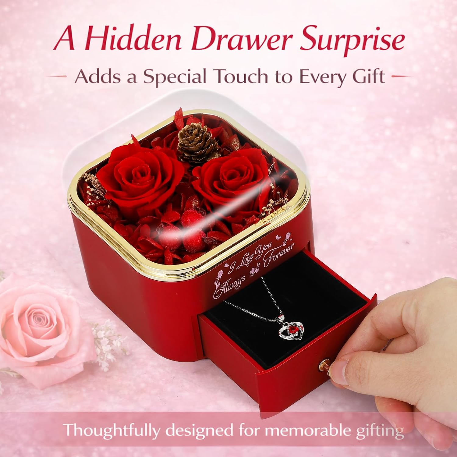 Preserved Rose Gift Box with Necklace for Women, Forever Real Rose Jewelry Box for Mom Wife Girlfriend, Red Flower Box for Mothers Day