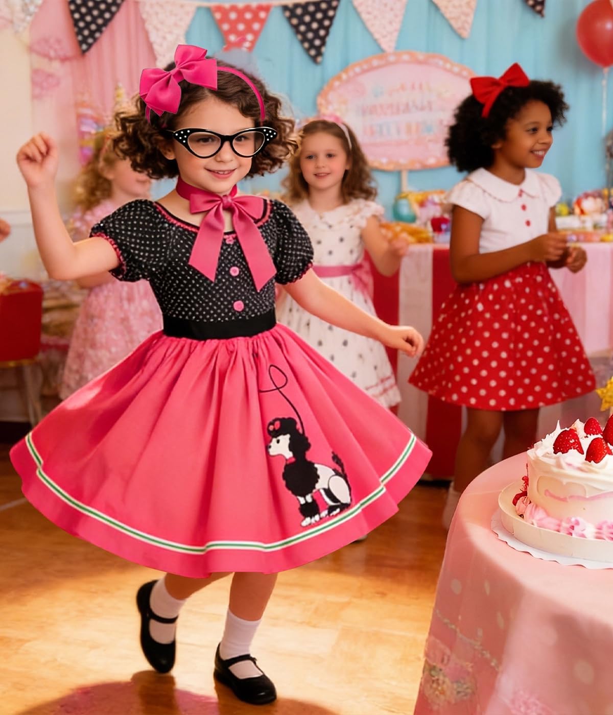Girls Poodle Skirt Costume, Kids 1950s Outfit Halloween Party Dress Up,50's Poodle Skirt With Scarf, Glasses,Headband