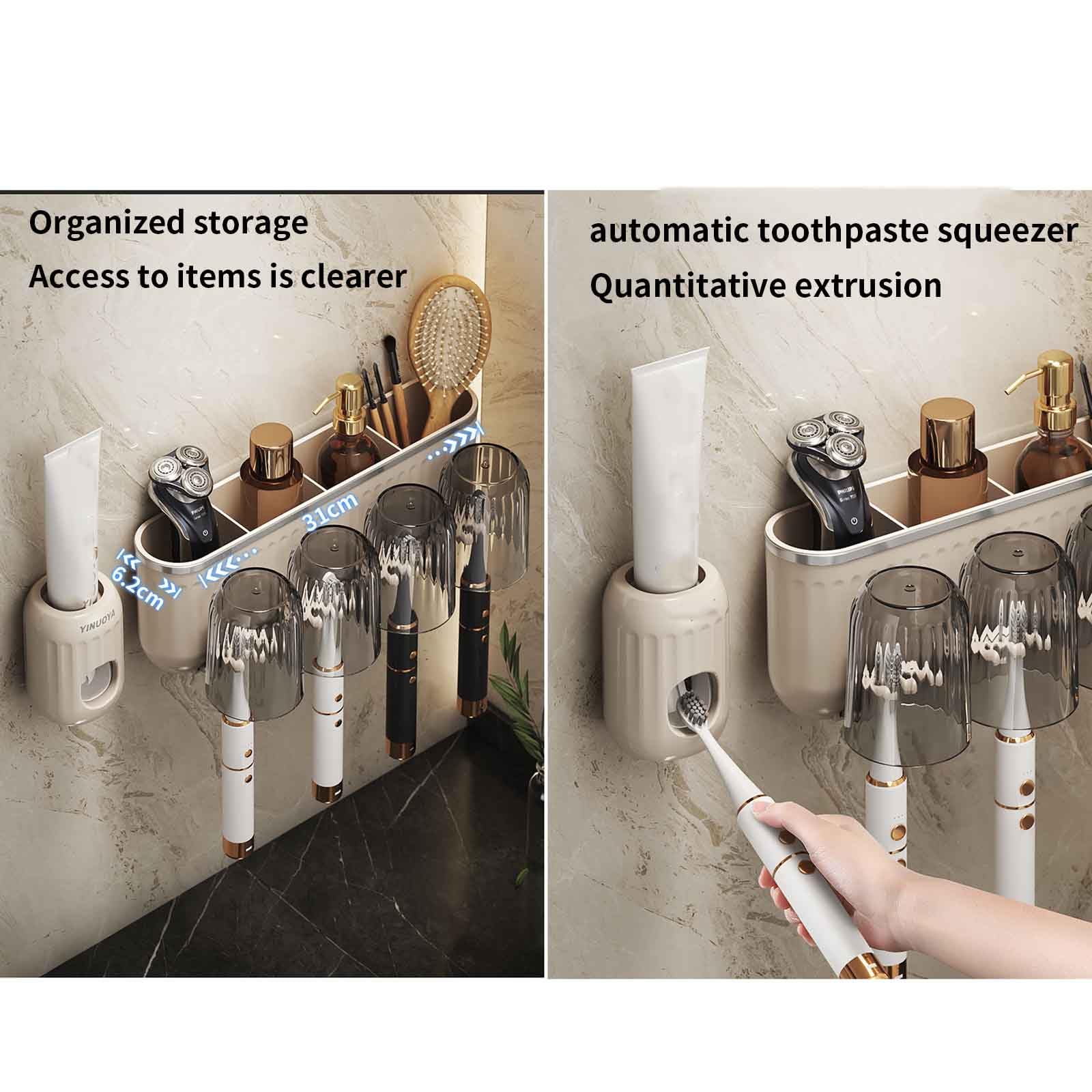 Dispensador Pasta Dientes Organizador Baño Porta Cepillo Viaje Portacepillos Pared Toothbrush Holder Soporte Cabezales Cepillo Automatico Adhesivo Extraíble para Limpieza (23x6.2x11cm,Brown)