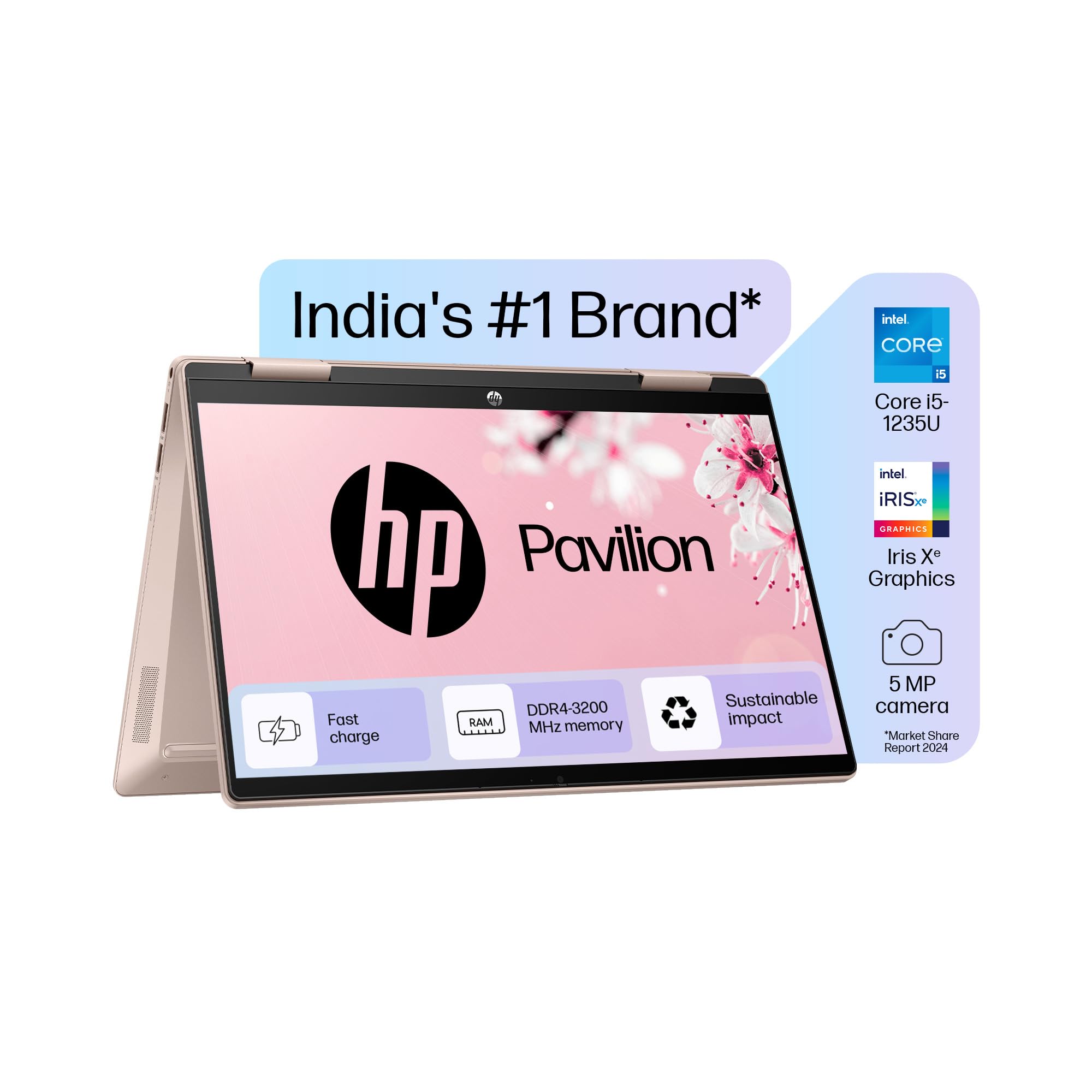 HP Pavilion x360, 12th Gen Intel Core i5-1235U, 16GB DDR4, 512GB SSD, (Win 11, Office 21, Gold, 1.41kg), Touchscreen, IPS, 14-inch(35.6cm) FHD Laptop, Iris Xe, 5MP Camera, Backlit KB, ek0072TU