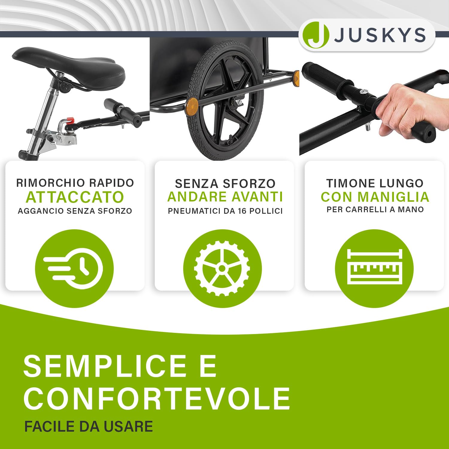 Juskys Rimorchio per bicicletta da 90 litri - rimorchio da carico con gancio, timone - rimorchio per bicicletta 40/80 kg di portata - rimorchio da trasporto con telo protettivo