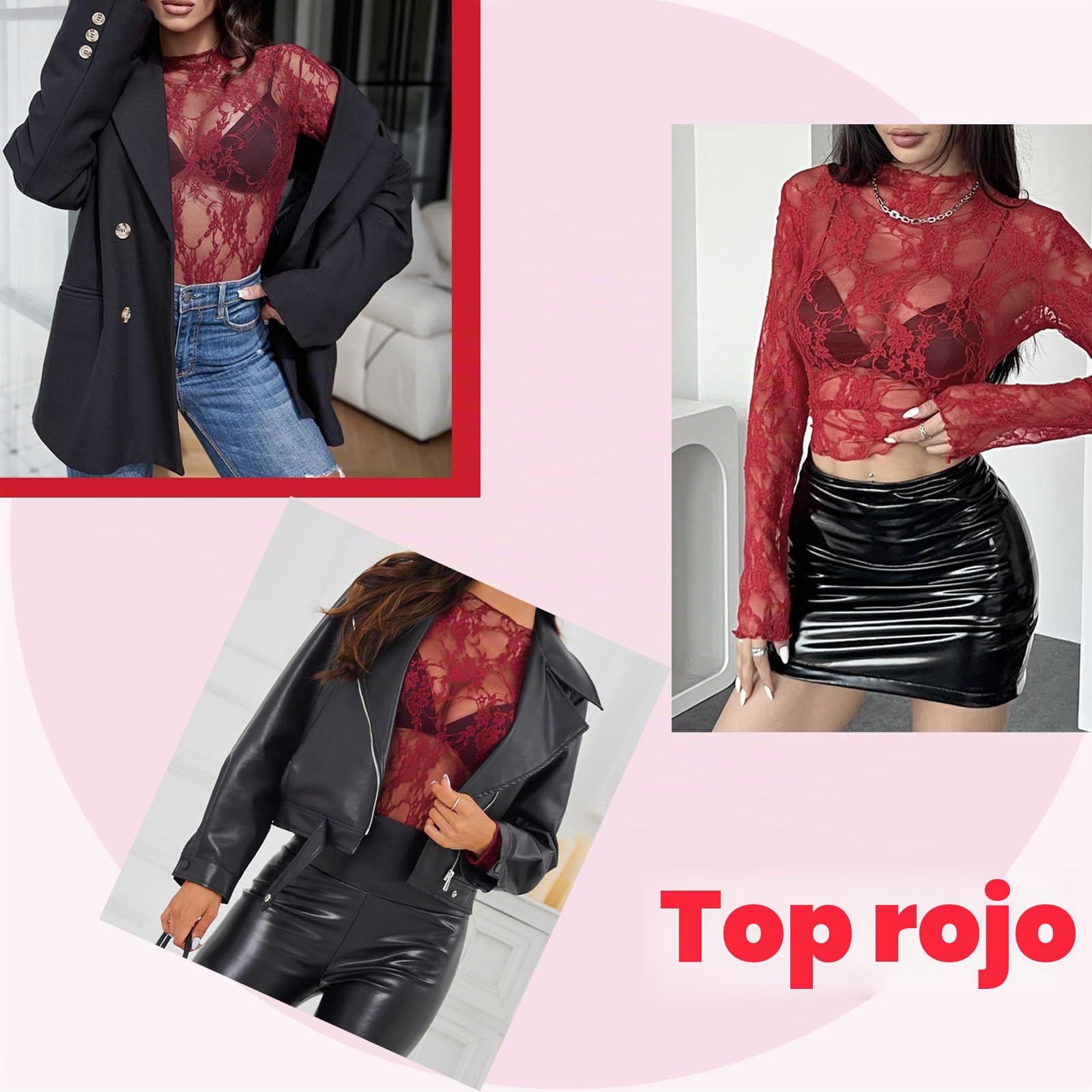 MIZSPISE Camiseta Mujer de Manga Larga Sexy Encaje Transparente Blusas Elegantes Fiesta Club Casual Festival Discoteca Camisas Regalos Cumpleaños Aniversario Blanco Negro Burdeos S-XL