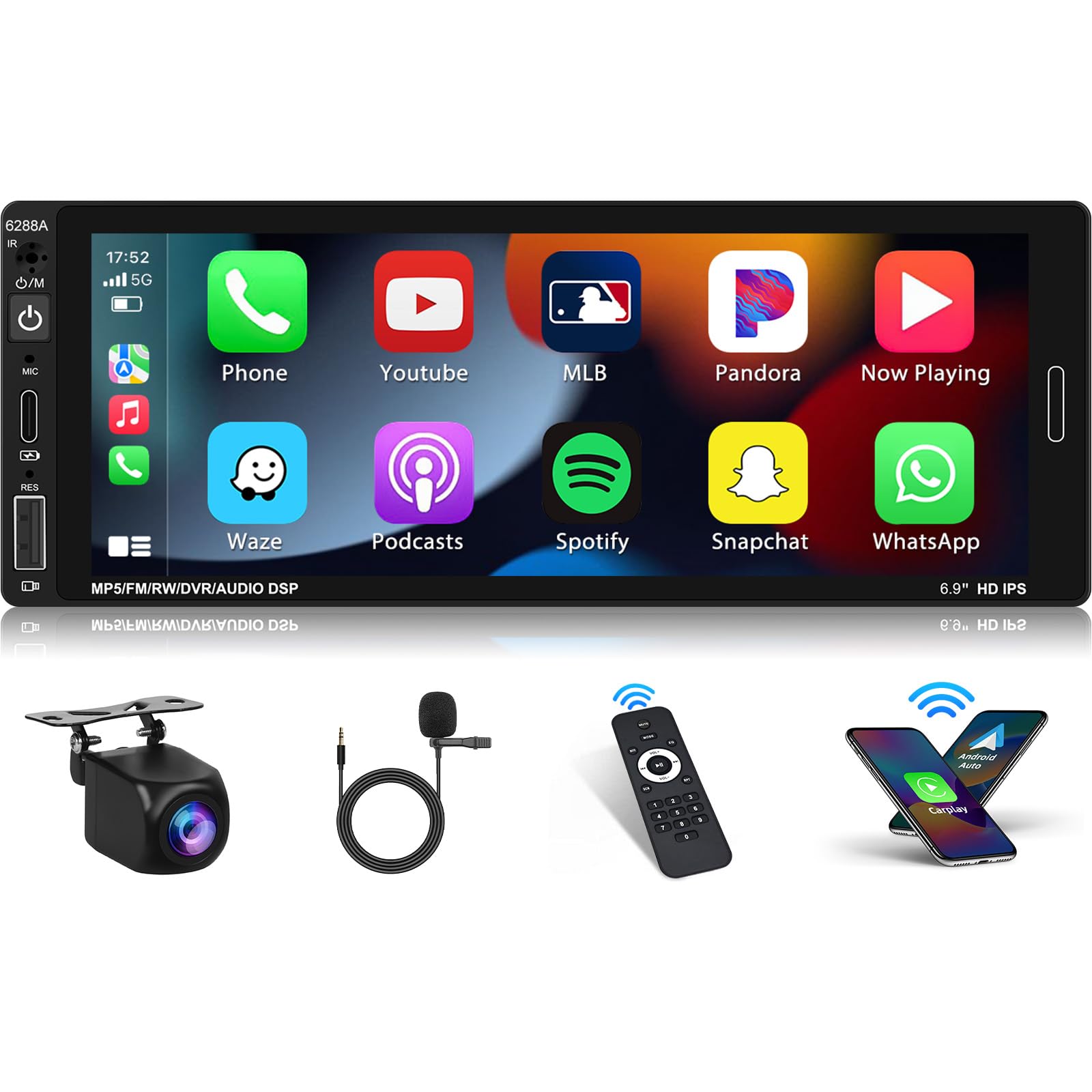 Inefala 2+64GB 1 DIN Android 13 Autoradio con Carplay Inalámbrico y Android Auto Radio de Coche Pantalla Táctil de 6.9" con GPS WiFi RDS/FM SWC Puerto USB/Type-C Mic Cámara de Respaldo