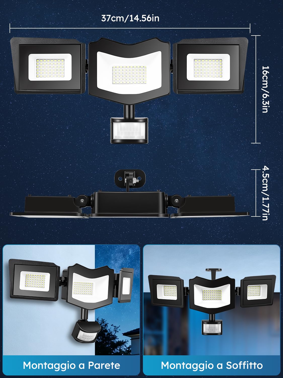 Faretto LED da Esterno con Sensore di Movimento 150W,6500K Bianca Fredda 15000LM Faretti con Telecomando,4 Modalità Timer 3 Teste Fari LED,IP65 Impermeabile Faro Esterno per Giardino Terrazza Garage