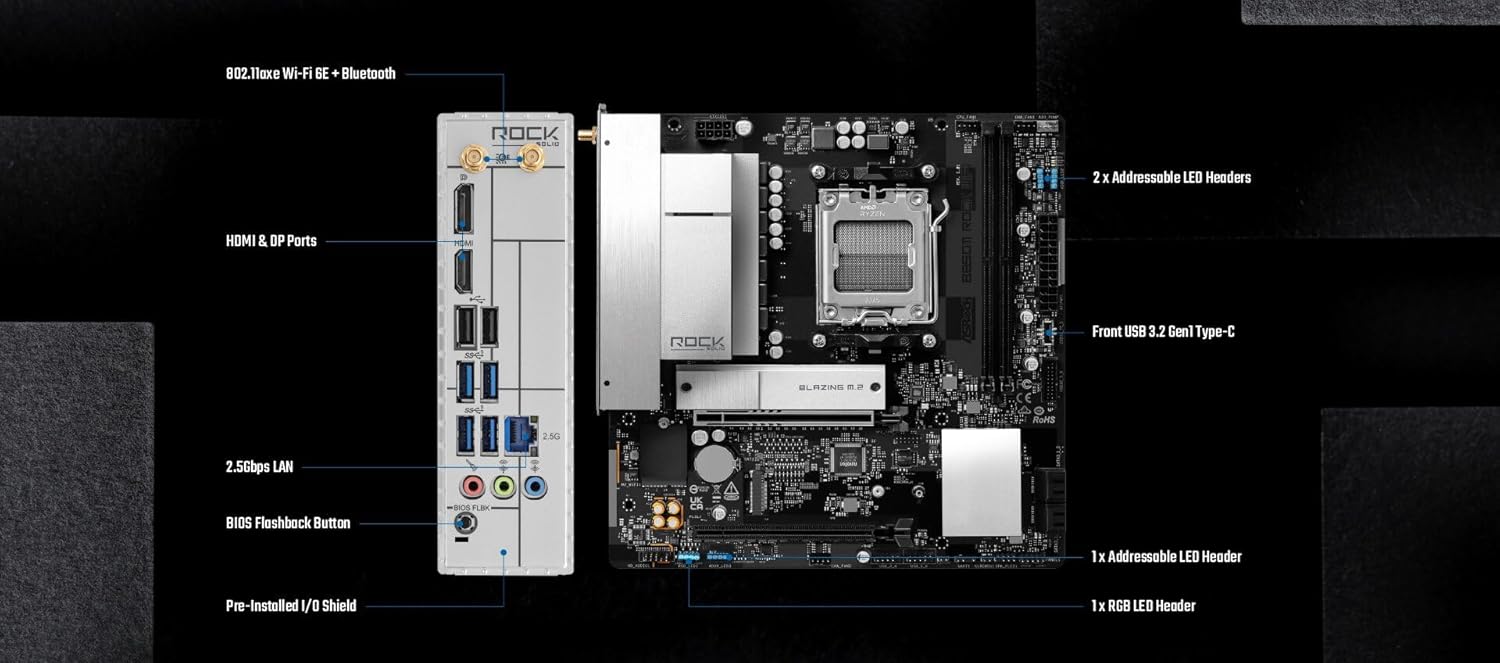 ASRock B850M Rock WiFi Socket AM5 Micro-ATX Motherboard, Supports AMD Ryzen 9000/8000/7000 Series, DDR5 8200+ (OC), PCIe 5.0, WiFi 6E, 2.5G LAN B850