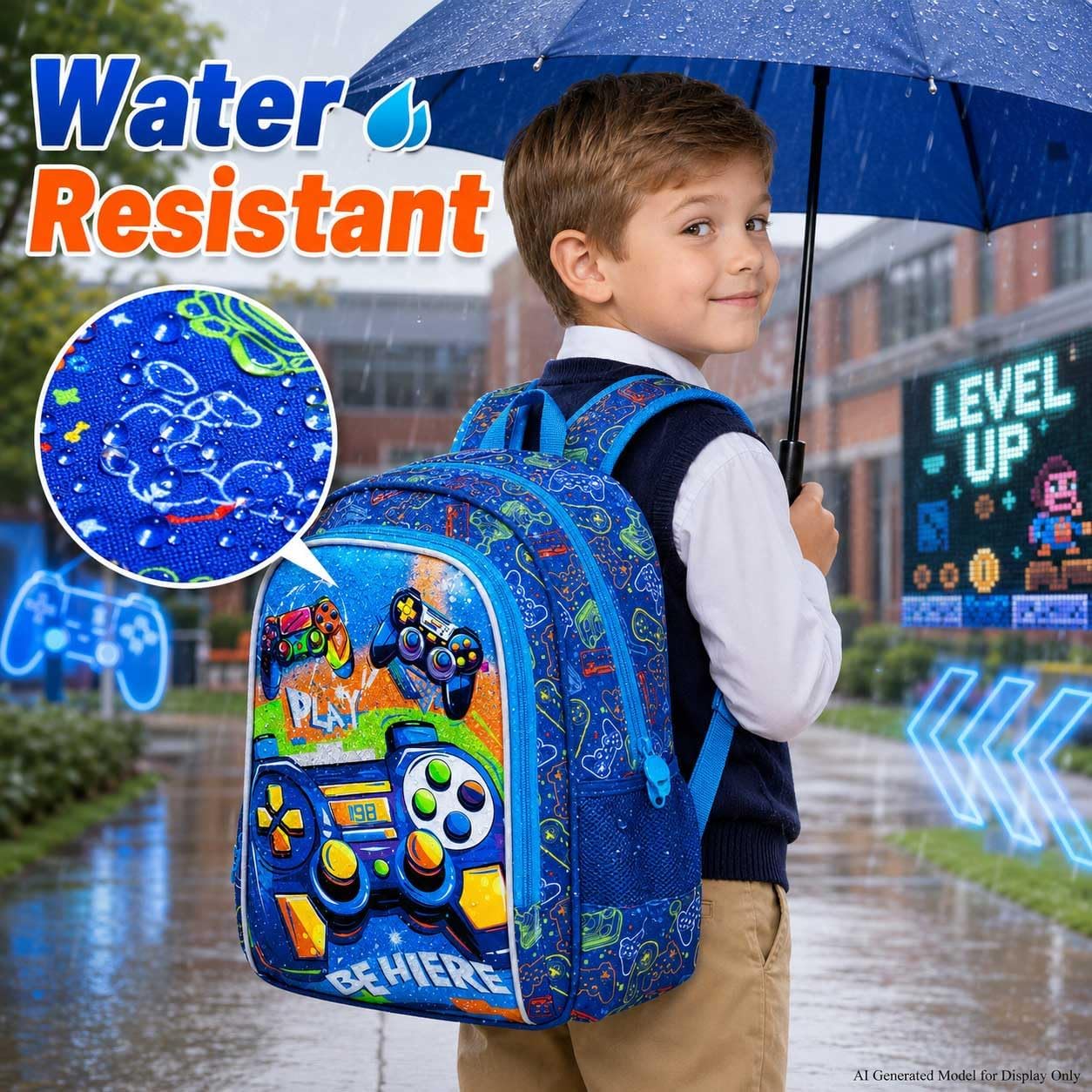 16" Gamer Backpack for Boy, 3Pcs Gaming Kids Bookbag for Elementary Preschool Kindergarten, School Backpacks with Lunch Box(Blue) image 2