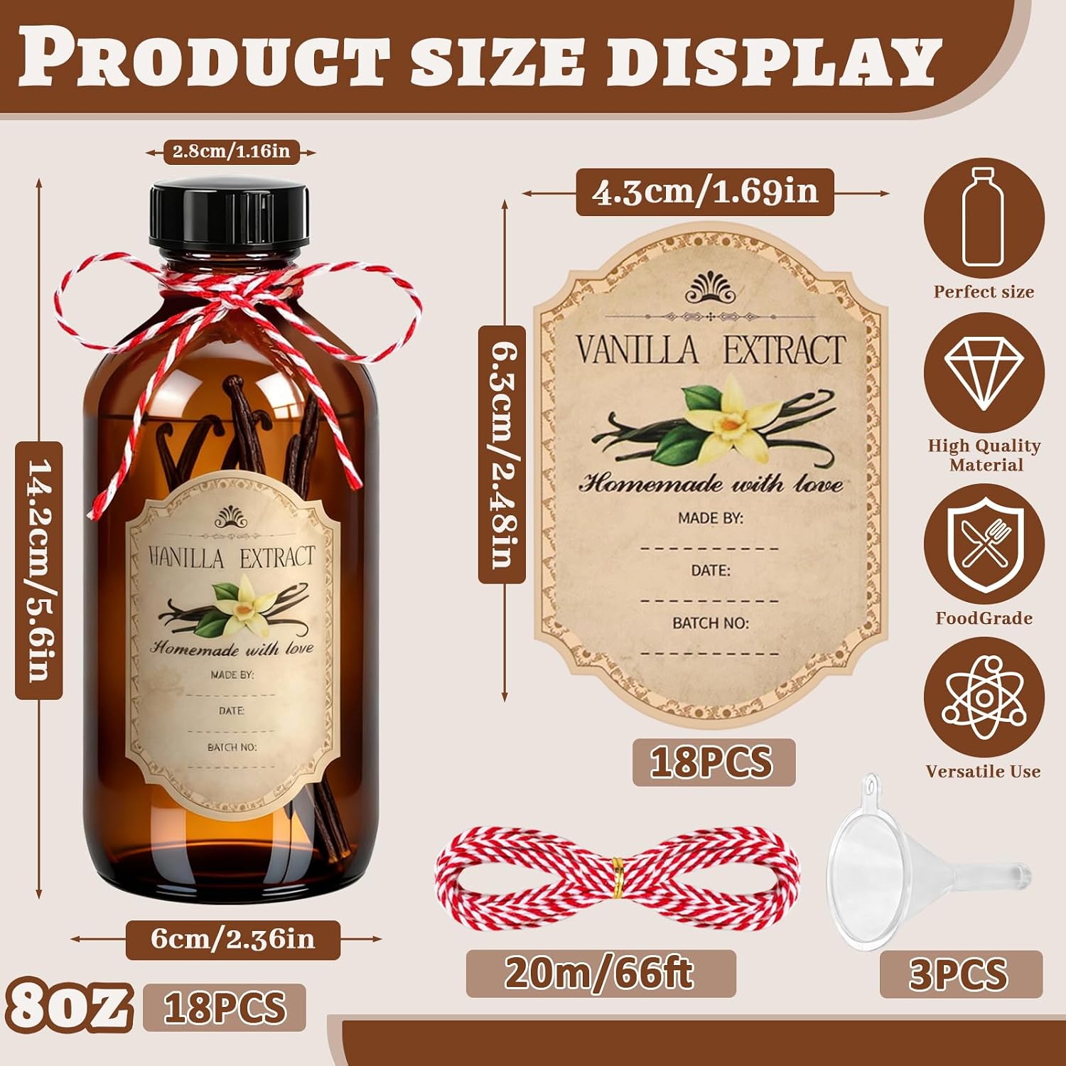 GGOLDMER 18 Pack 8oz Amber Glass Boston Bottles, Vanilla Extract Bottles image 2