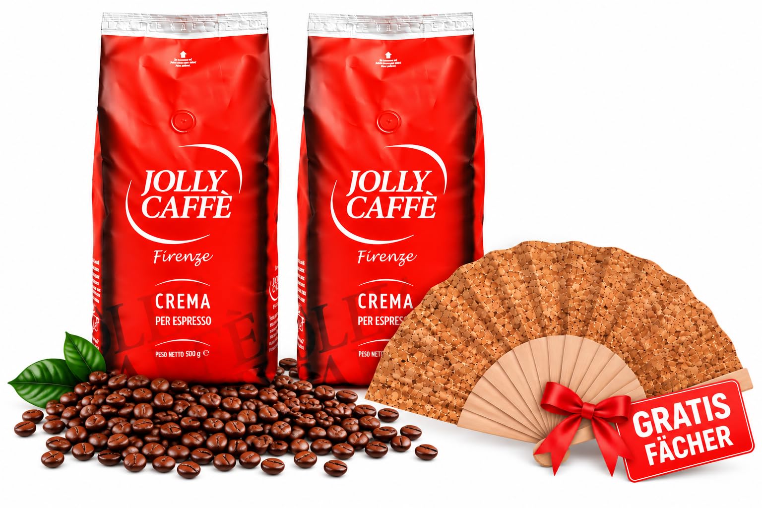 Jolly Caffè Crema Espresso Bohnen, 2 x 1000g, Premium Arabica-Mischung aus Zentralamerika, 2er Pack, Ganze Bohnen + ZUGABE FÄCHER