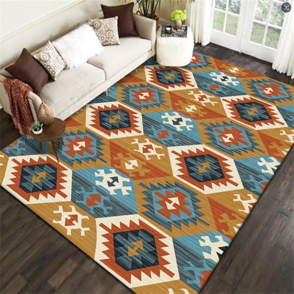 Tapis salon bleu 90x180cm à motif géométrique pour couloir et enfant
