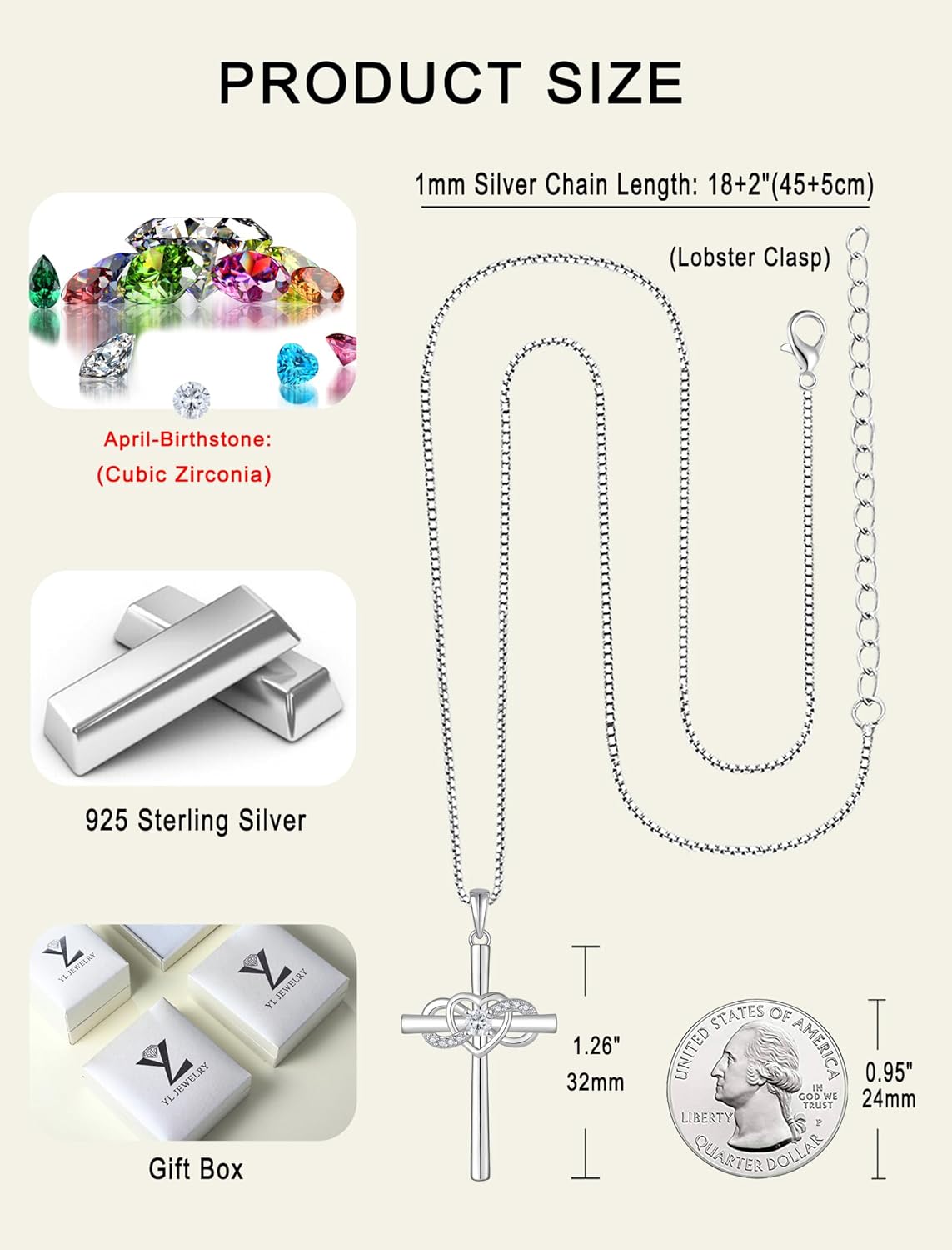 YL Women's Cross Necklace Sterling Silver Infinity Heart Crucifix Pendant Birthstone Criss Jewelry - Image 6