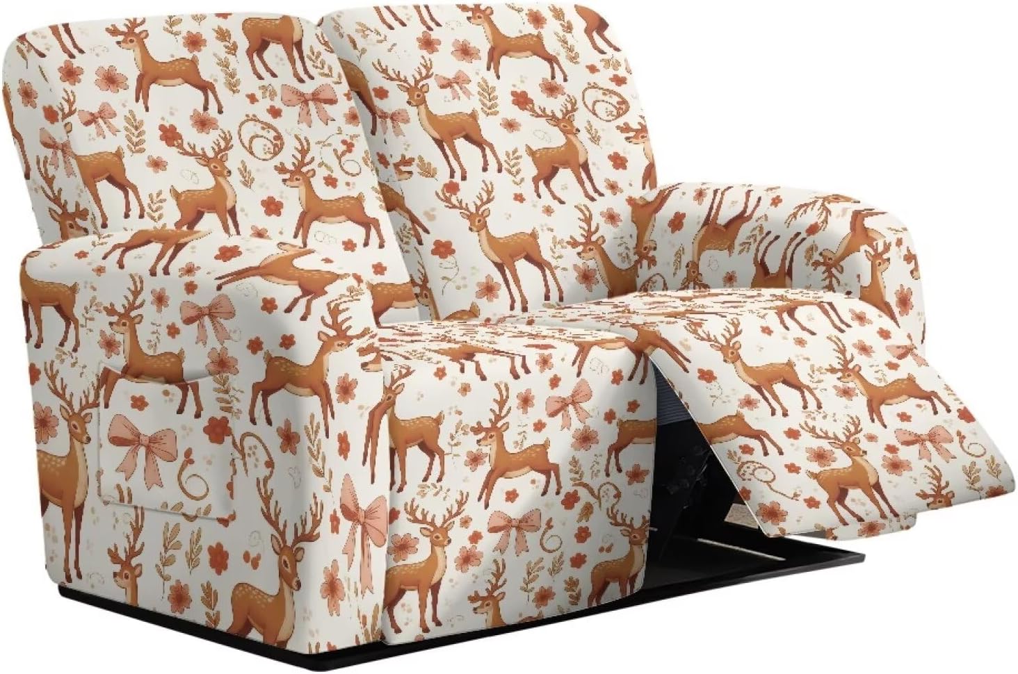 Suobstales Deer Bow Flower Print 6 Pieces Recliner Loveseat Slipcover Leak-Proof Jacquard Stretch Soft Sofa Couch Cover Anti-Slip Furniture Protector for Kids, Pets