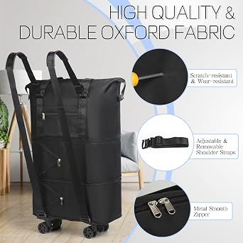 VOOWO Wheeled Duffel Bag with Wheels 28-66L Foldable Expandable Duffle Bag with Wheels for Travel Wheeled Luggage Large Weekend Bag for Men Women