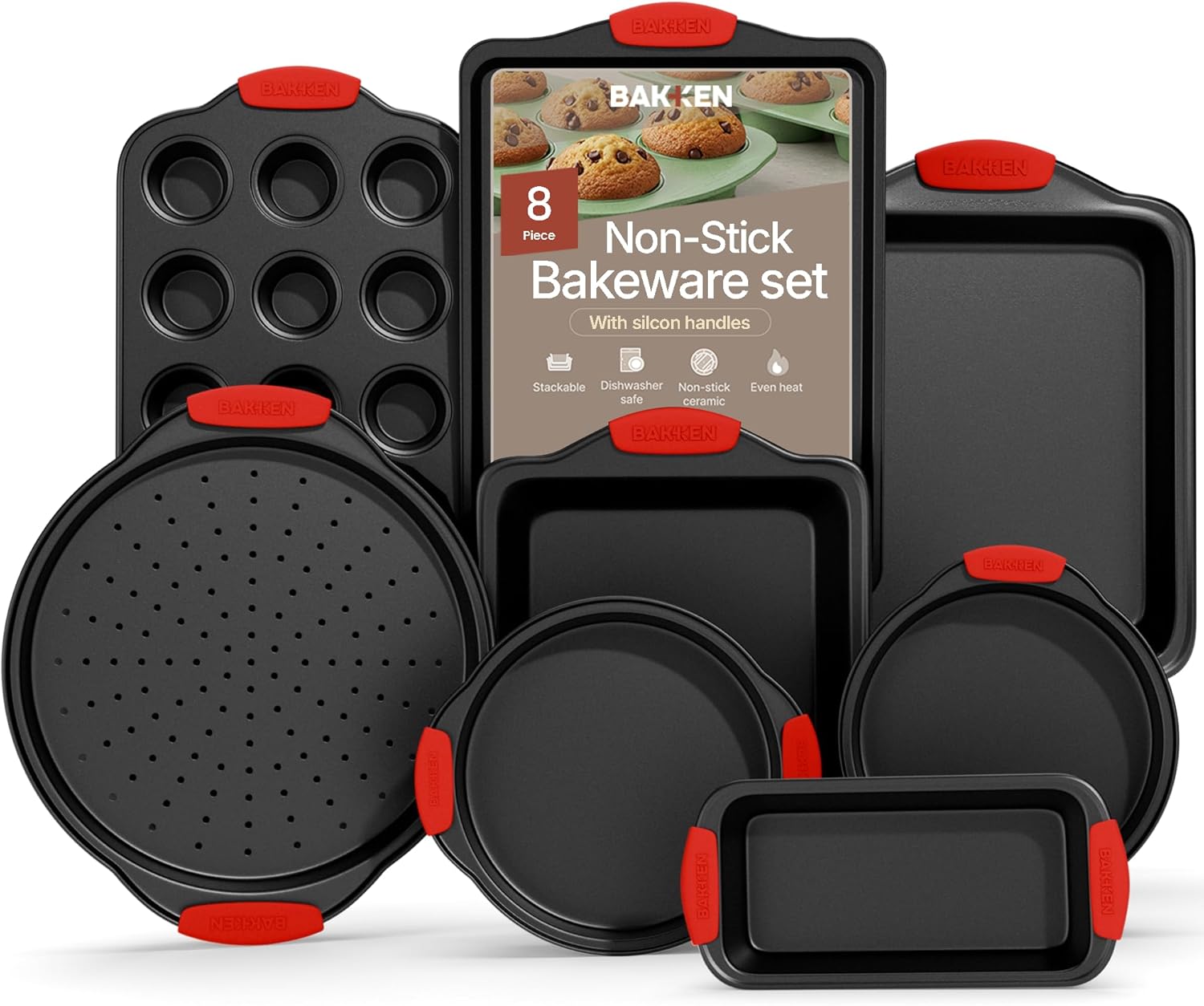 Baking Set – 8 Piece Kitchen Oven Bakeware Set – Deluxe Non-Stick Black Coating Inside and Outside – Carbon Steel – Red Silicone Handles – PFOA PFOS and PTFE Free by Bakken Baking Set – 8 Piece Kitchen Oven Bakeware Set – Deluxe Non-Stick Black Coating Inside and Outside – Carbon Steel – Red Silicone Handles – PFOA PFOS and PTFE Free by Bakken