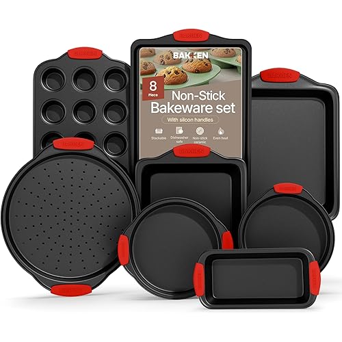 Baking Set – 8 Piece Kitchen Oven Bakeware Set – Deluxe Non-Stick Black Coating Inside and Outside – Carbon Steel – Red Silicone Handles – PFOA PFOS and PTFE Free by Bakken