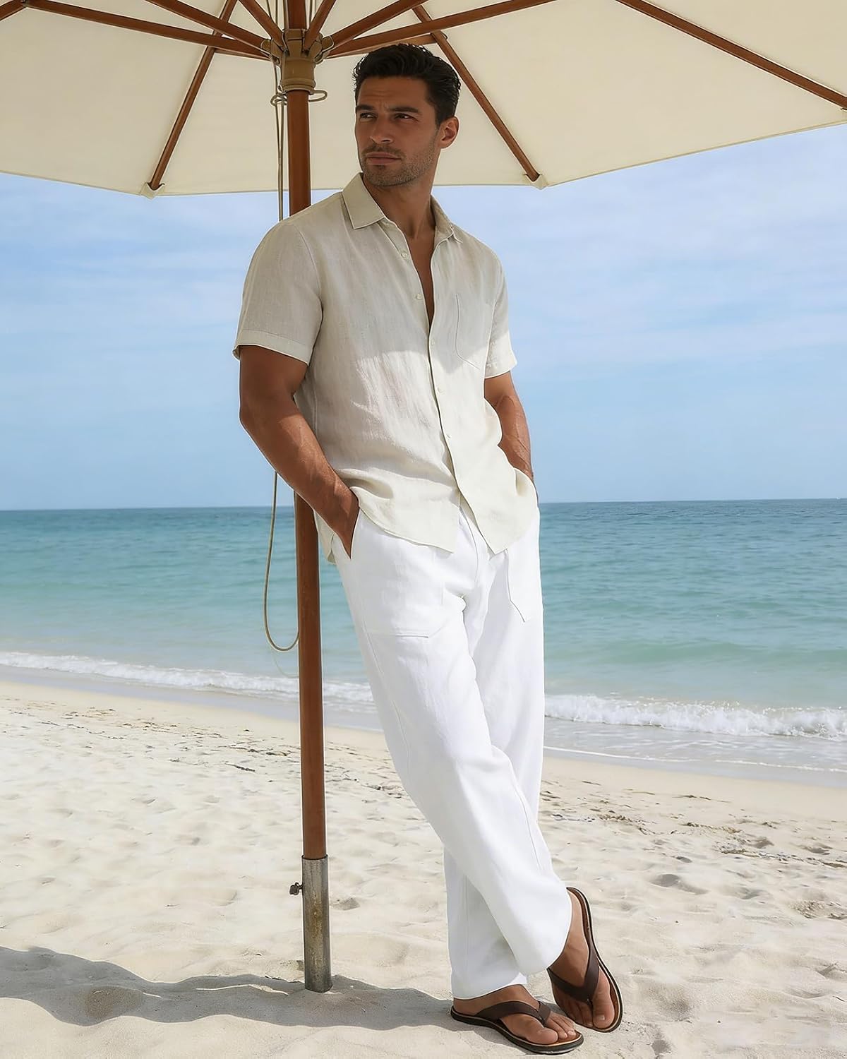 Men's Casual Linen Pants Summer Beach Trousers Loose Fit Straight-Legs Elastic Drawstring Waist Yoga Trousers