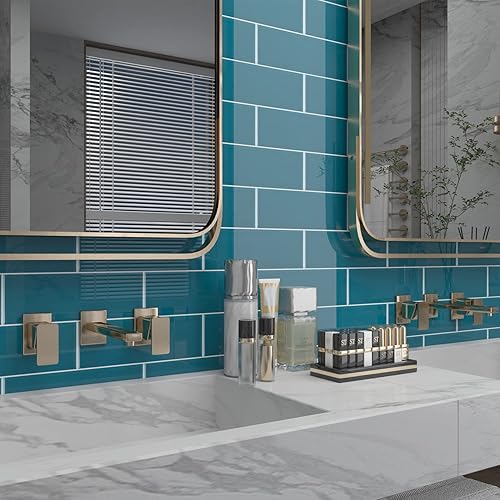 Vista 88 de Lovdeco Azulejo de cristal de metro, 3 x 6 pulgadas, 4 pies cuadrados, vidrio verde azulado oscuro para pared de baño y cocina, paquete de 32