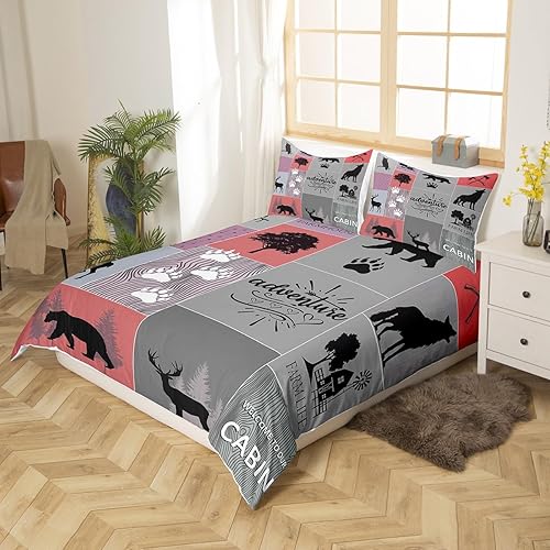 Miniatura 2 de Manfei Juego de funda de edredón de aventura, tamaño matrimonial, funda de edredón de retazos de ciervo, oso, lobo con 2 fundas de almohada, juego
