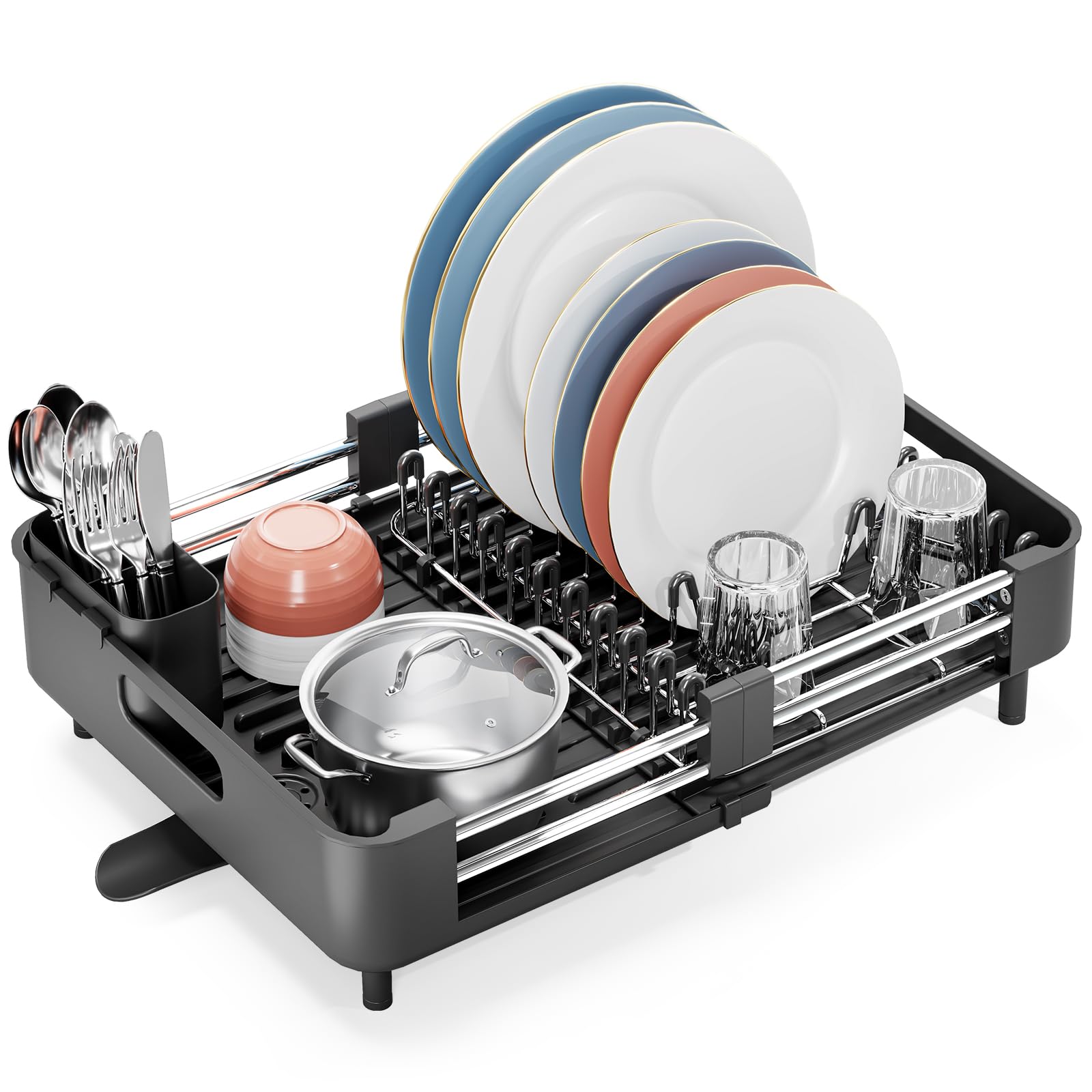 Kingrack Black Dish Drainer Rack - Extendable Dish Rack, Stainless Steel Dish Drainer For Kitchen Counter, Draining Board Rack With Removable Cutlery Holder,